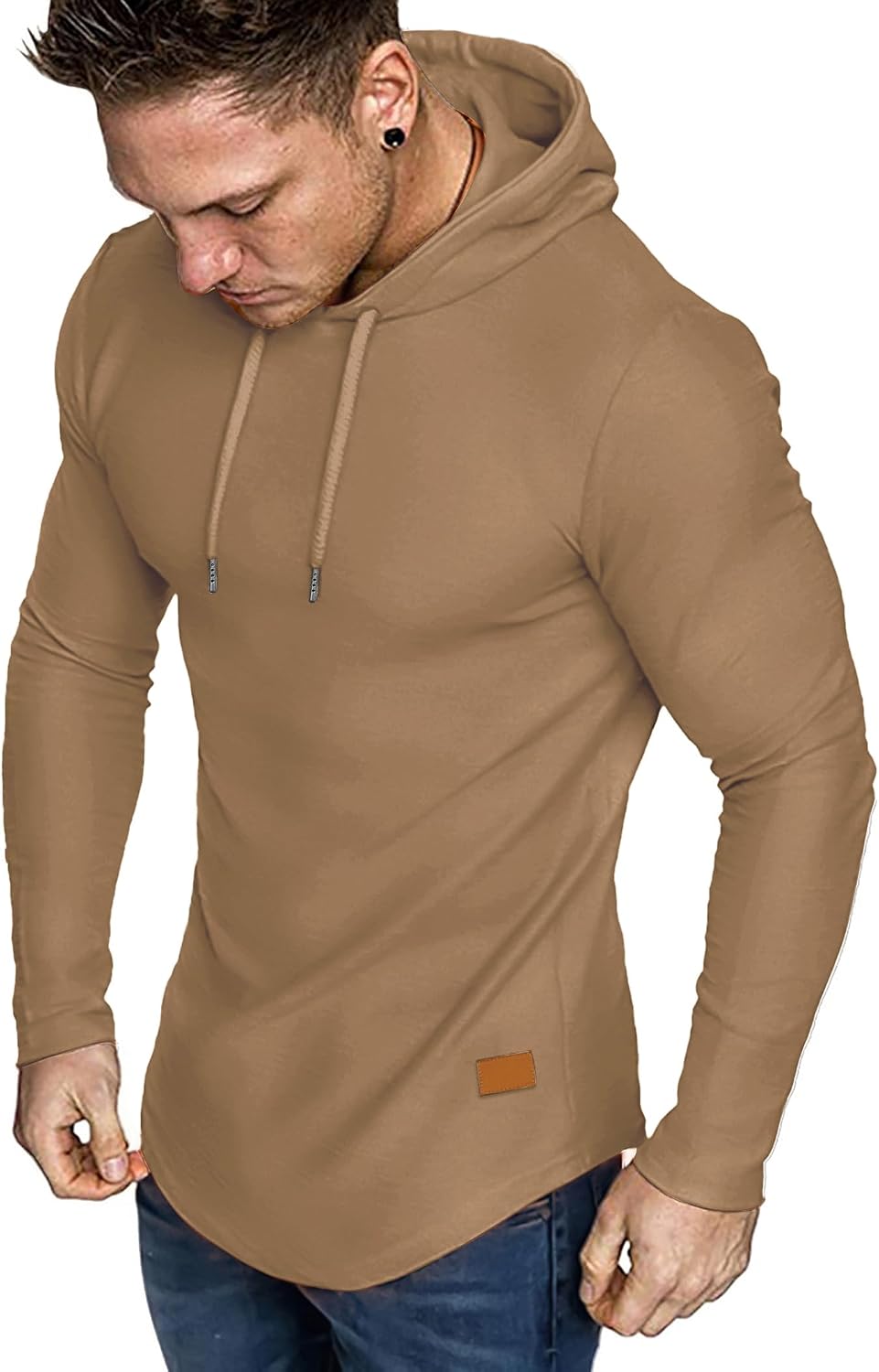 Men's Fleece Longline Athletic Sweatshirt - Lightweight Long Sleeve Muscle Fit Pullover for Gym Workouts - Small