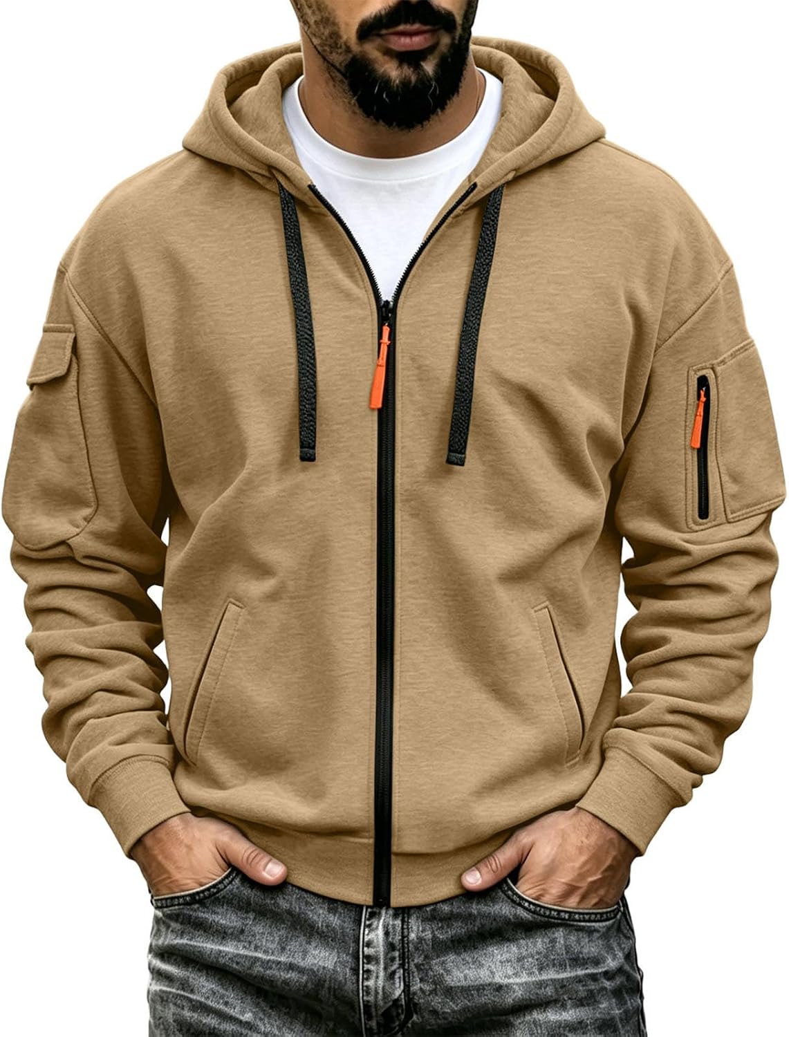 Men's Tactical Zip Up Hoodie - Oversized Cotton Blend Hooded Jacket with Full Zip for Travel and Everyday Wear - Small