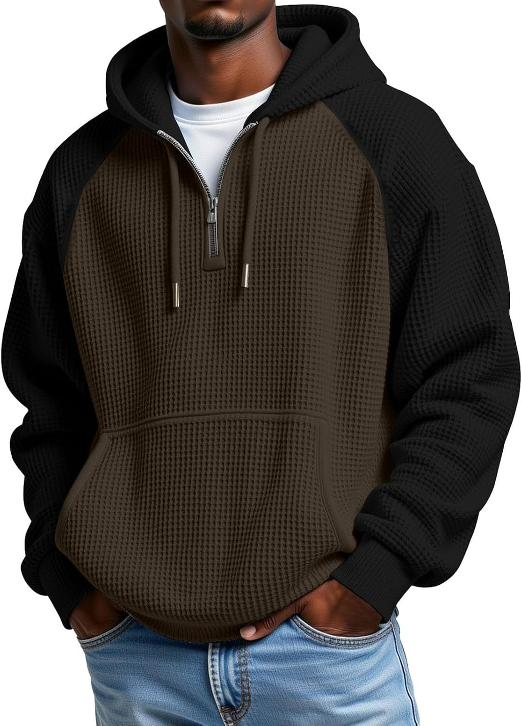 Men's Waffle Knit Quarter Zip Hooded Sweatshirt - Long Sleeve Drawstring Pullover with Front Pocket for Autumn - Medium