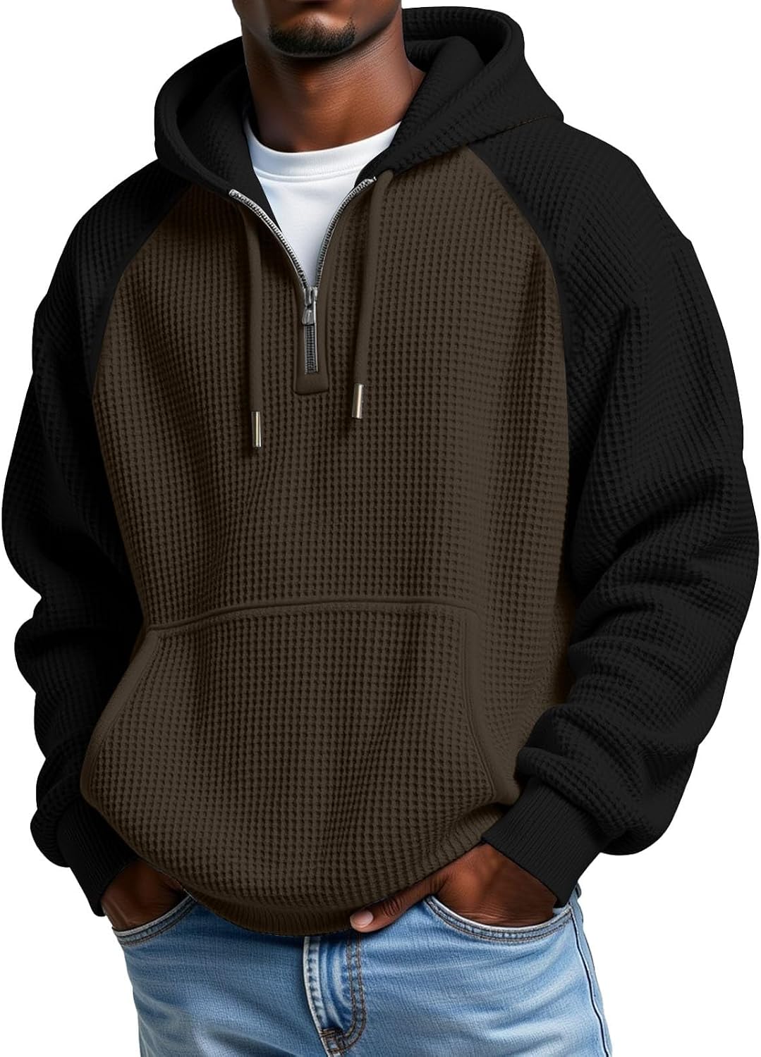 Men's Waffle Knit Quarter Zip Hooded Sweatshirt - Long Sleeve Drawstring Pullover with Front Pocket for Autumn - Medium
