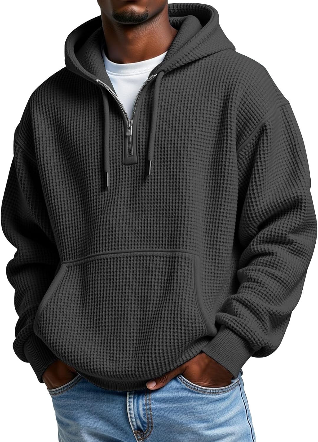 Men's Waffle Knit Quarter Zip Hooded Sweatshirt - Long Sleeve Drawstring Pullover with Front Pocket for Autumn - Medium