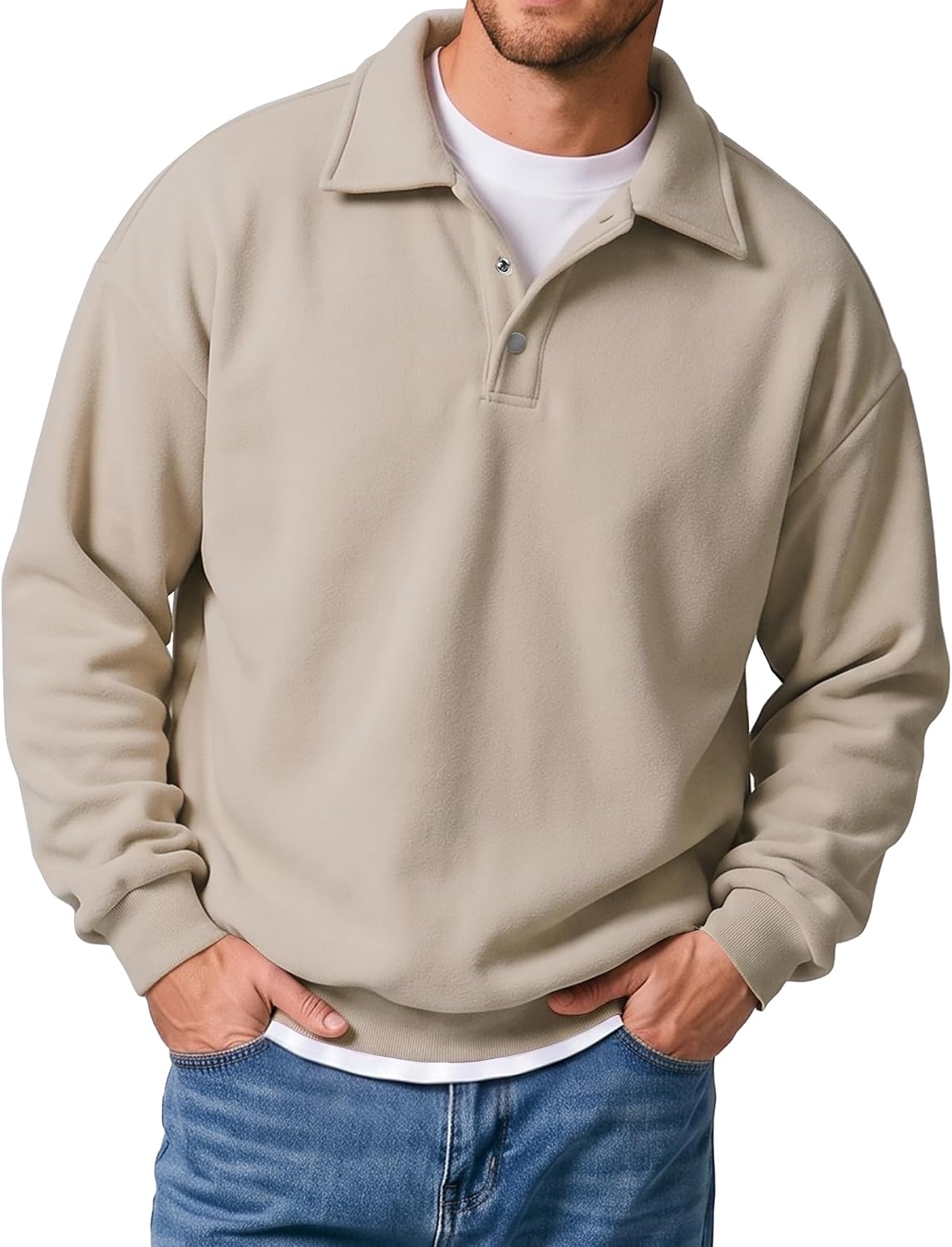 Men's Midweight Fleece Polo Sweatshirt - Quarter Button Collared Pullover with Ribbed Cuffs for Fall and Winter - Small