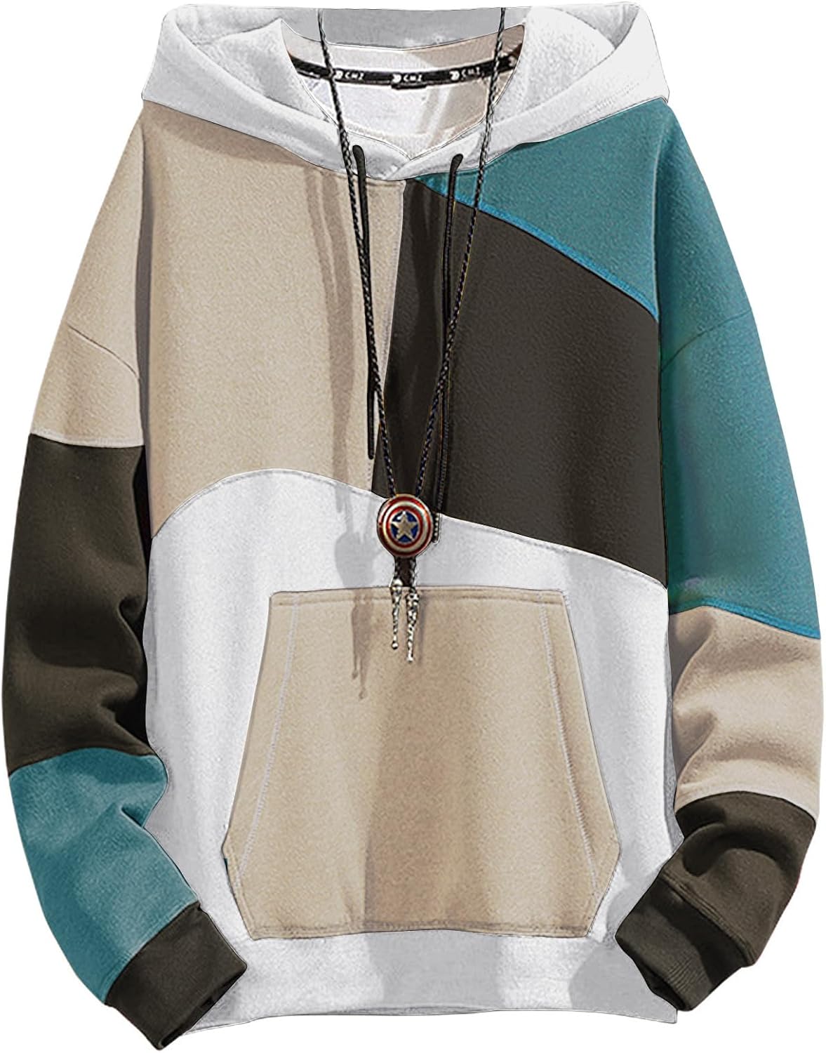 Men's Contrast Colour Patchwork Pullover Hoodie - Cotton Blend Hooded Sweatshirt with Long Sleeves for Autumn - Small