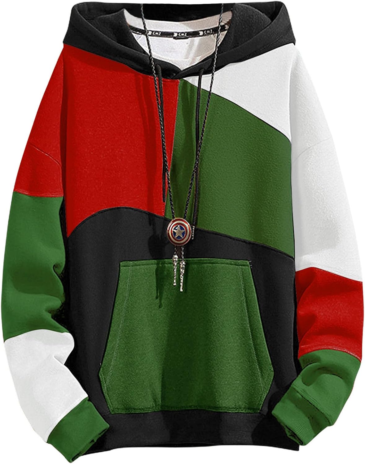 Men's Contrast Colour Patchwork Pullover Hoodie - Cotton Blend Hooded Sweatshirt with Long Sleeves for Autumn - Medium