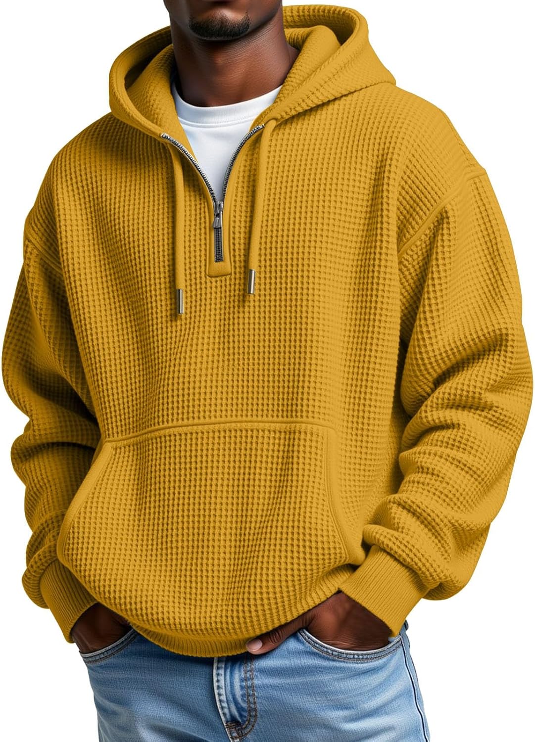 Men's Waffle Knit Quarter Zip Hooded Sweatshirt - Long Sleeve Drawstring Pullover with Front Pocket for Autumn - Small