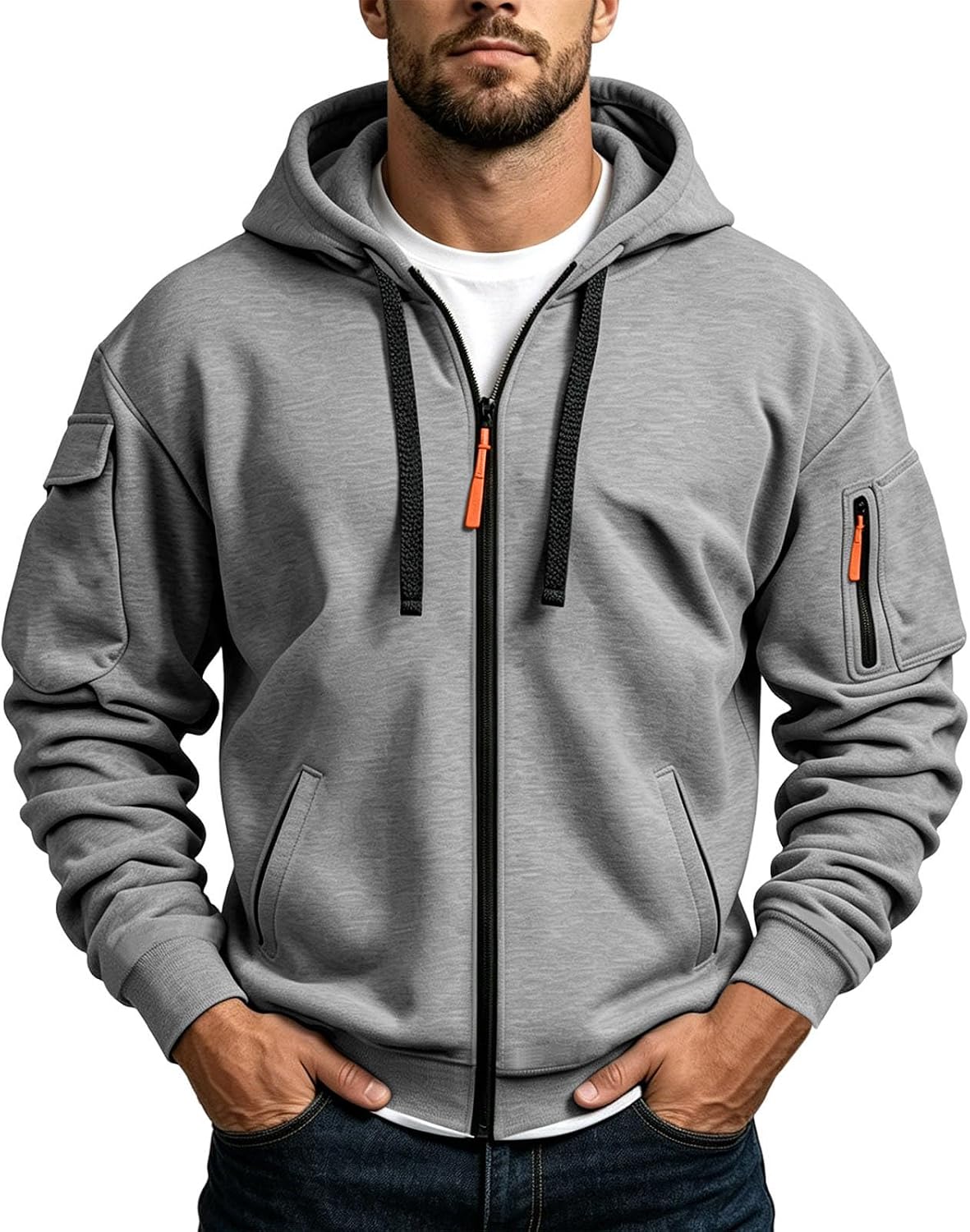Men's Tactical Zip Up Utility Hoodie - Relaxed Fit Hooded Jacket with Sleeve Pockets for Fall and Winter - Small