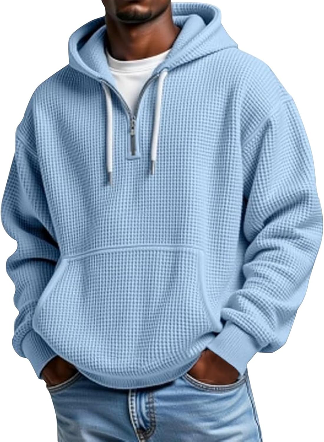 Men's Waffle Knit Quarter Zip Hooded Sweatshirt - Long Sleeve Drawstring Pullover with Front Pocket for Autumn - Large