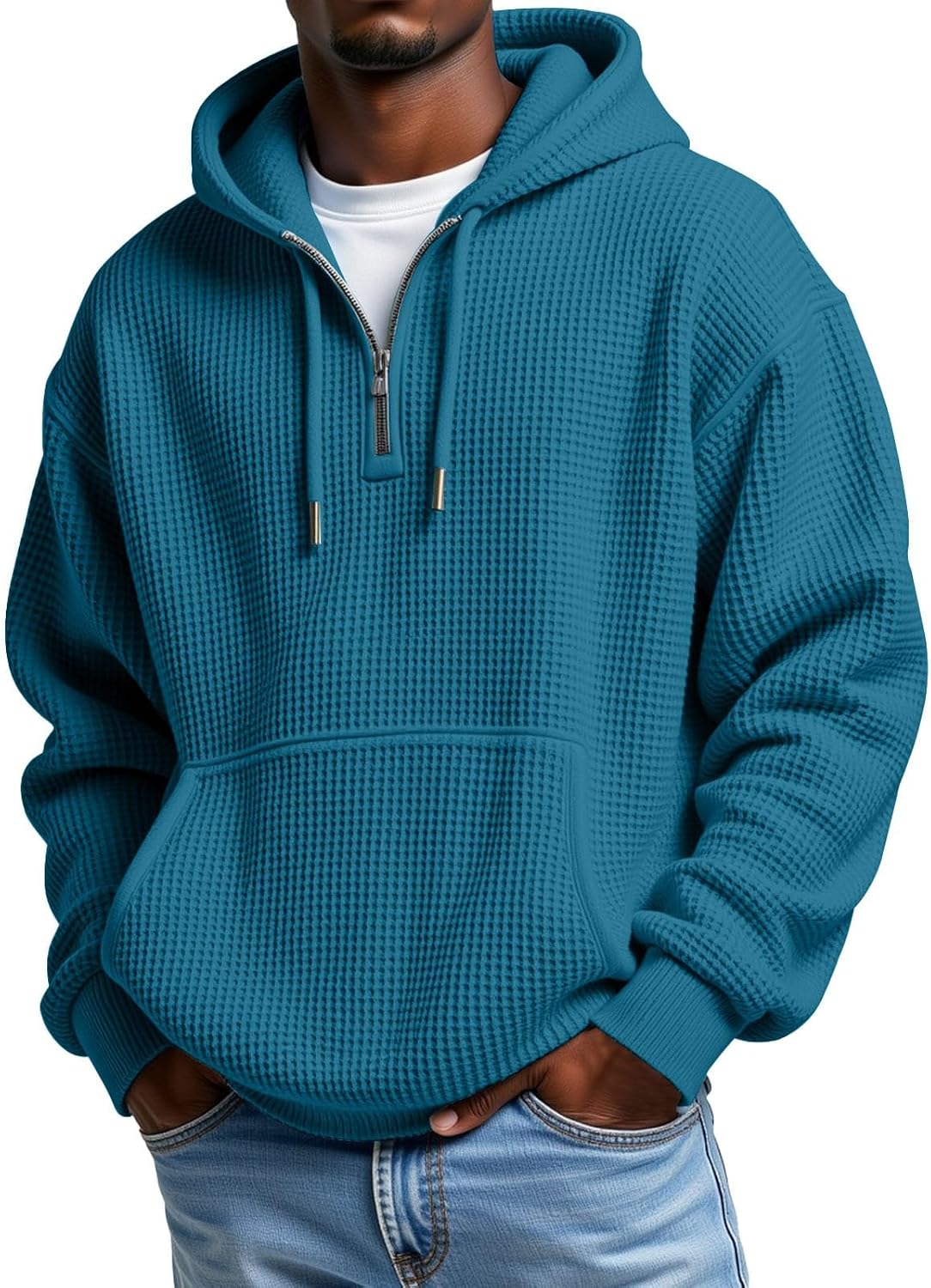 Men's Waffle Knit Quarter Zip Hooded Sweatshirt - Long Sleeve Drawstring Pullover with Front Pocket for Autumn - Large