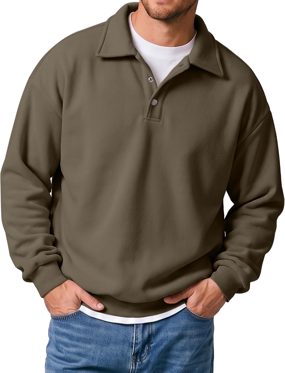 Men's Midweight Fleece Polo Sweatshirt - Quarter Button Collared Pullover with Ribbed Cuffs for Fall and Winter - Medium