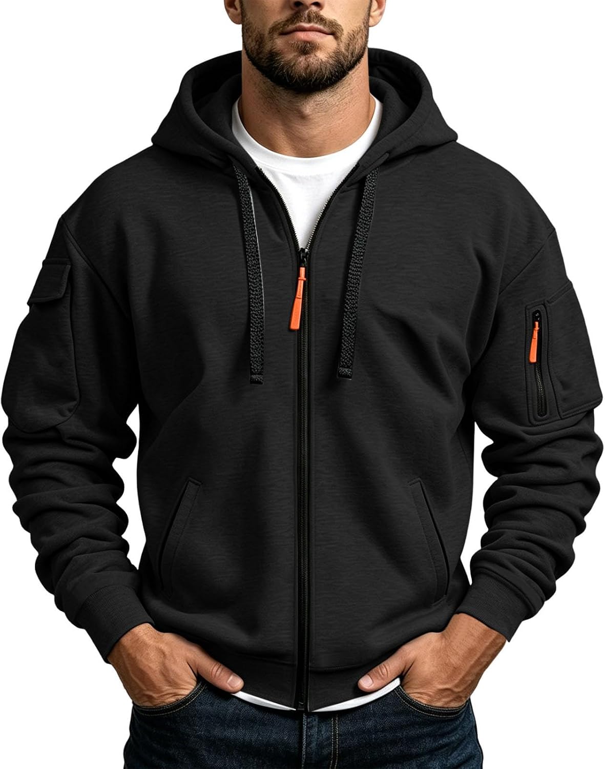 Men's Tactical Zip Up Utility Hoodie - Relaxed Fit Hooded Jacket with Sleeve Pockets for Fall and Winter - Small