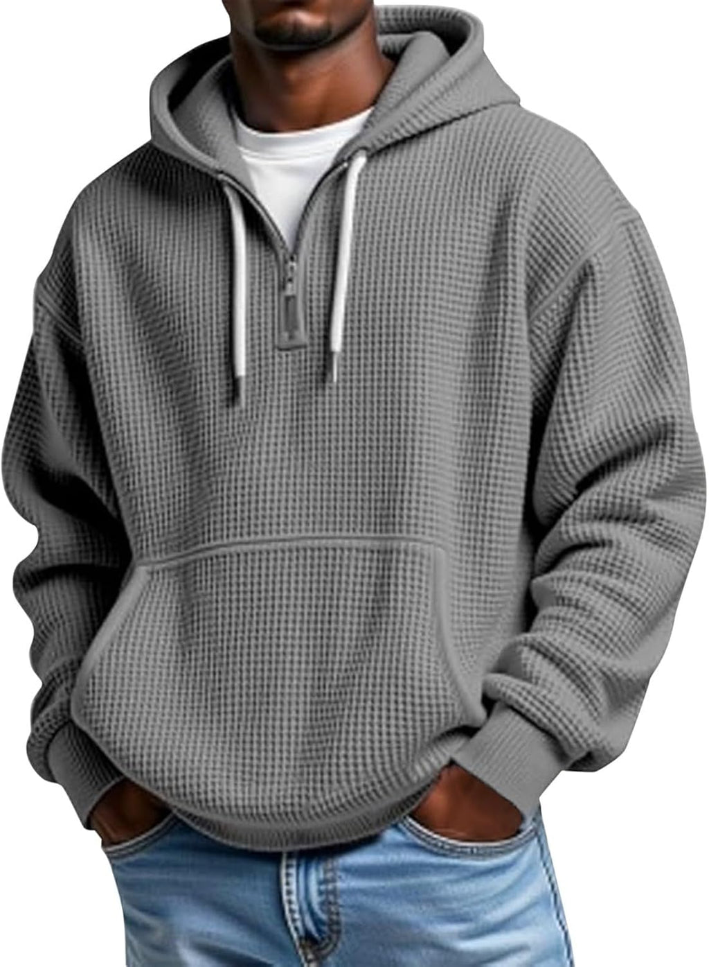 Men's Waffle Knit Quarter Zip Hooded Sweatshirt - Long Sleeve Drawstring Pullover with Front Pocket for Autumn - Small