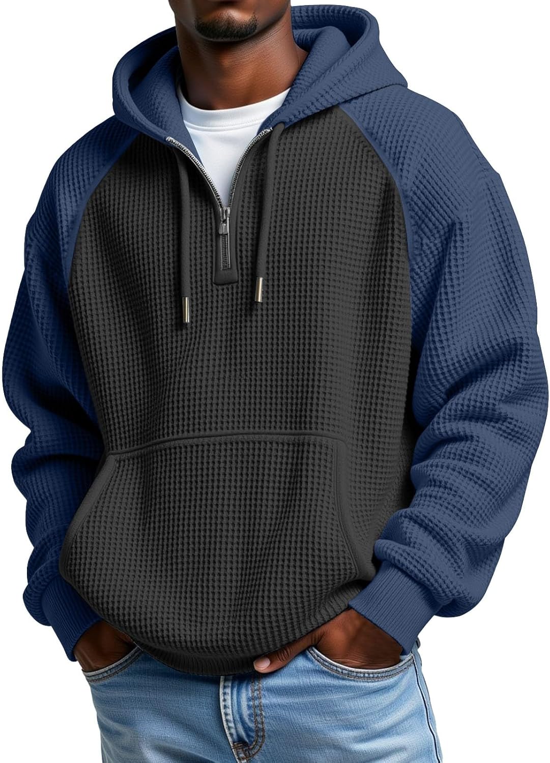 Men's Waffle Knit Quarter Zip Hooded Sweatshirt - Long Sleeve Drawstring Pullover with Front Pocket for Autumn - XX-Larg