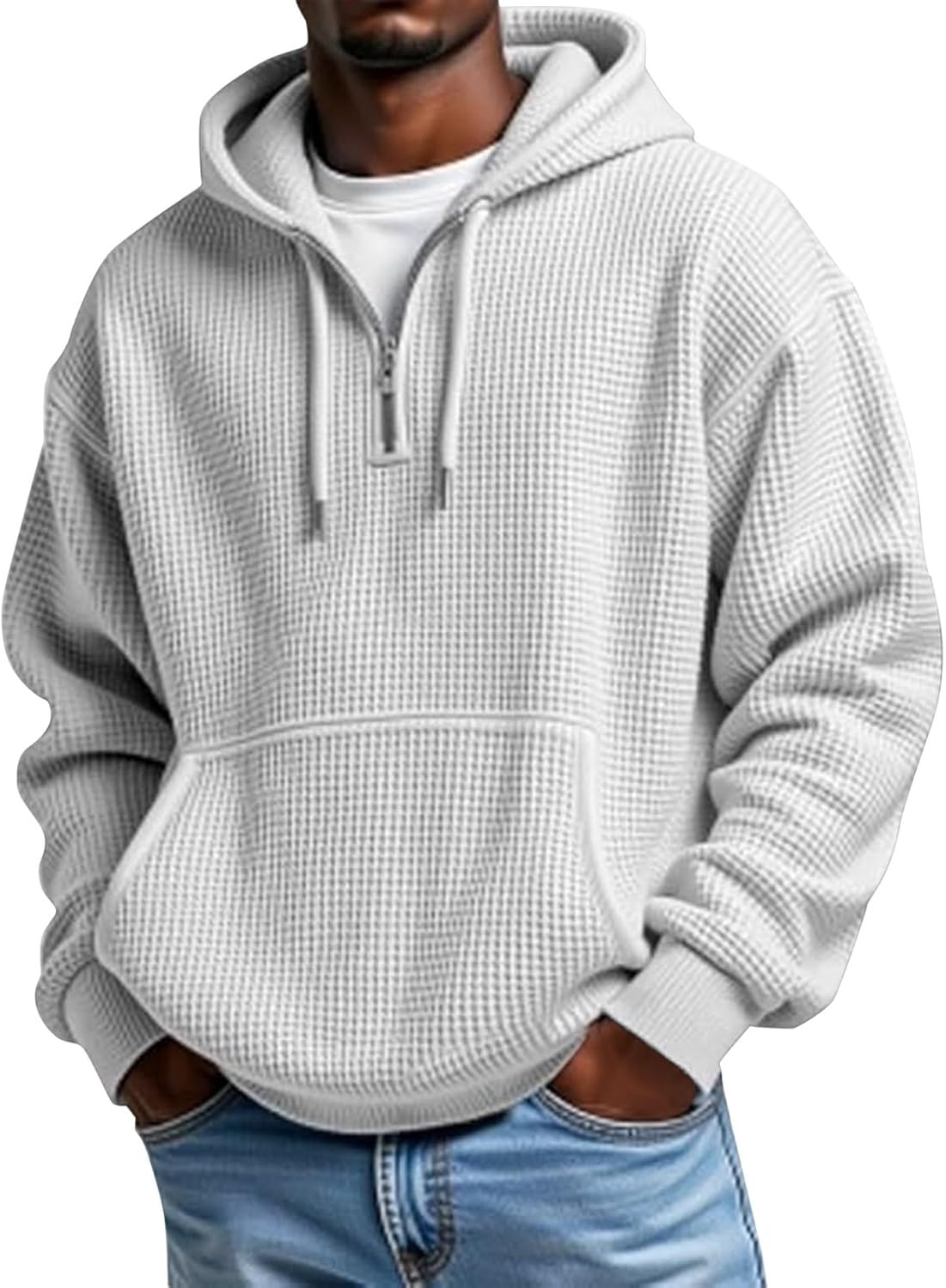 Men's Waffle Knit Quarter Zip Hooded Sweatshirt - Long Sleeve Drawstring Pullover with Front Pocket for Autumn - XX-Larg