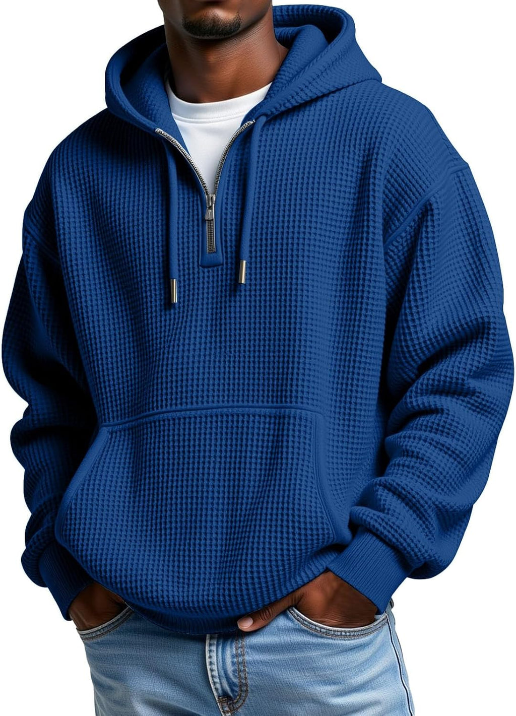 Men's Waffle Knit Quarter Zip Hooded Sweatshirt - Long Sleeve Drawstring Pullover with Front Pocket for Autumn - Small