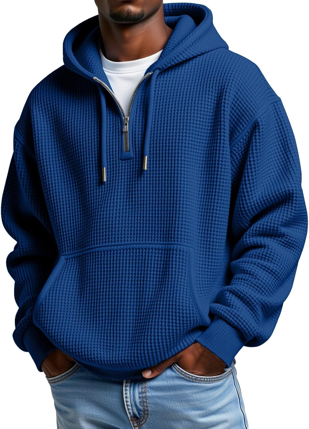 Men's Waffle Knit Quarter Zip Hooded Sweatshirt - Long Sleeve Drawstring Pullover with Front Pocket for Autumn - Small