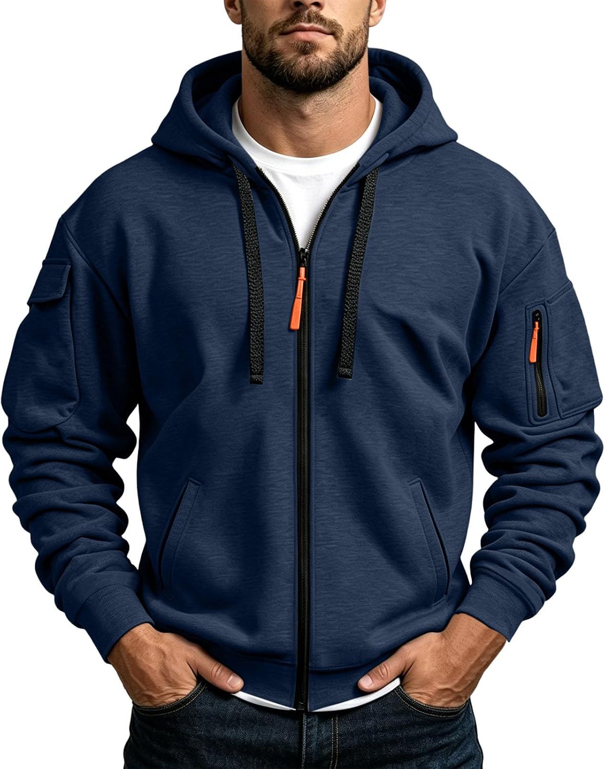 Men's Tactical Zip Up Utility Hoodie - Relaxed Fit Hooded Jacket with Sleeve Pockets for Fall and Winter - Small