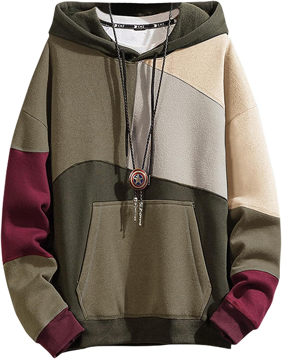 Men's Contrast Colour Patchwork Pullover Hoodie - Cotton Blend Hooded Sweatshirt with Long Sleeves for Autumn - Small