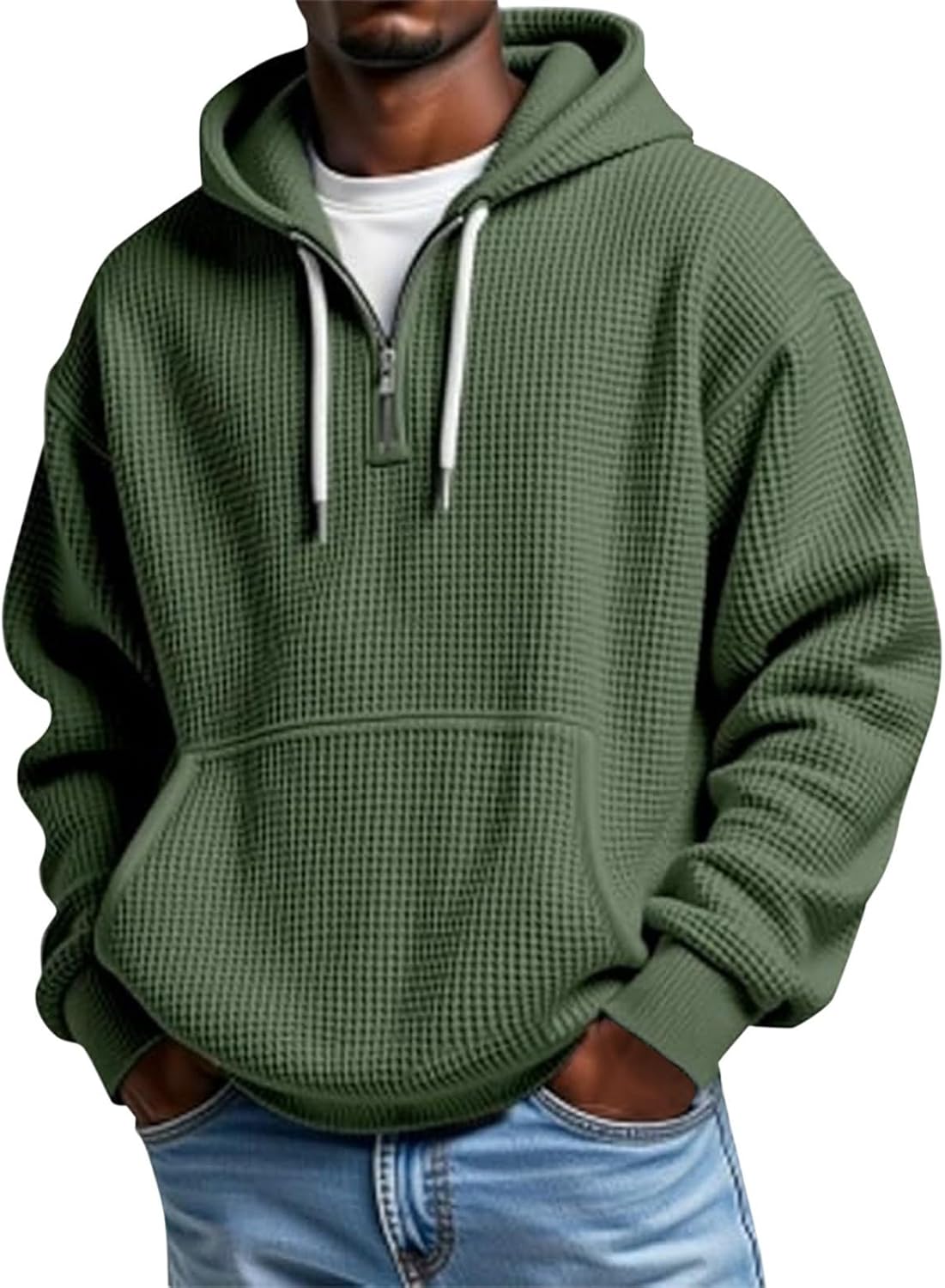 Men's Waffle Knit Quarter Zip Hooded Sweatshirt - Long Sleeve Drawstring Pullover with Front Pocket for Autumn - Large (