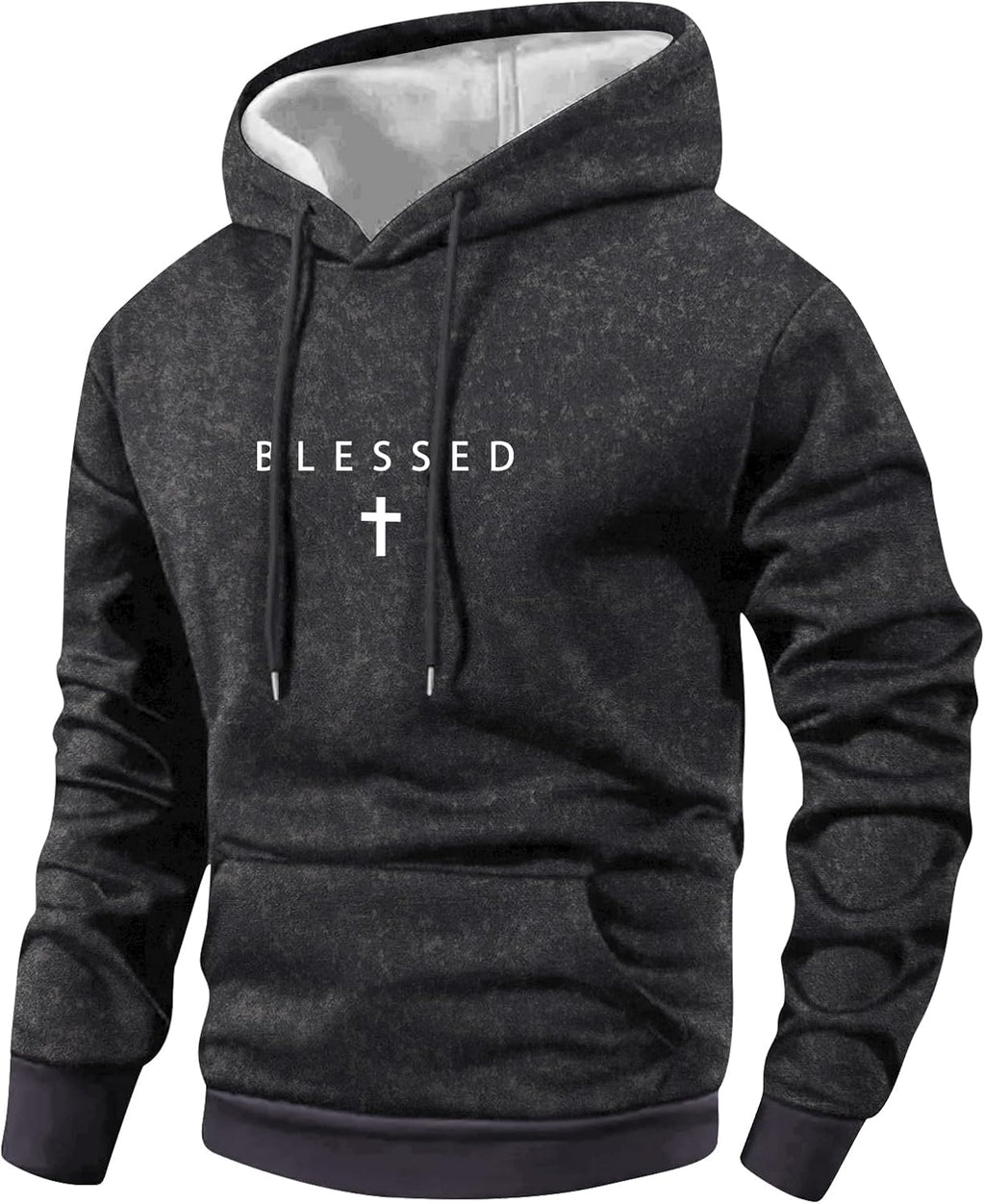Men's Cross Print Hooded Sweatshirt - Thin Distressed Retro Pullover with Long Sleeves and Pocket for Spring - Black