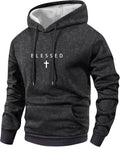 Men's Cross Print Hooded Sweatshirt - Thin Distressed Retro Pullover with Long Sleeves and Pocket for Spring - Black