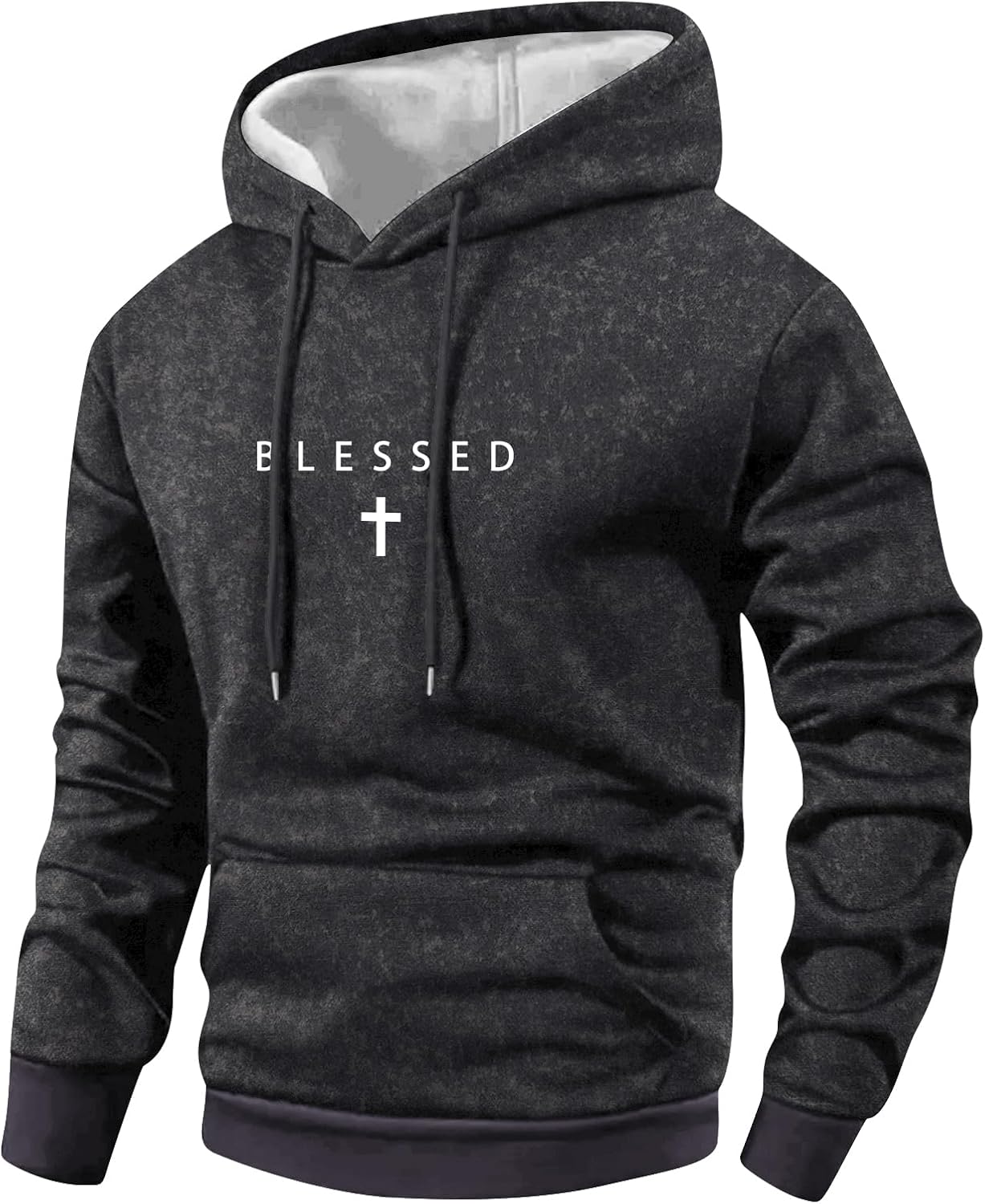 Men's Cross Print Hooded Sweatshirt - Thin Distressed Retro Pullover with Long Sleeves and Pocket for Spring - Black