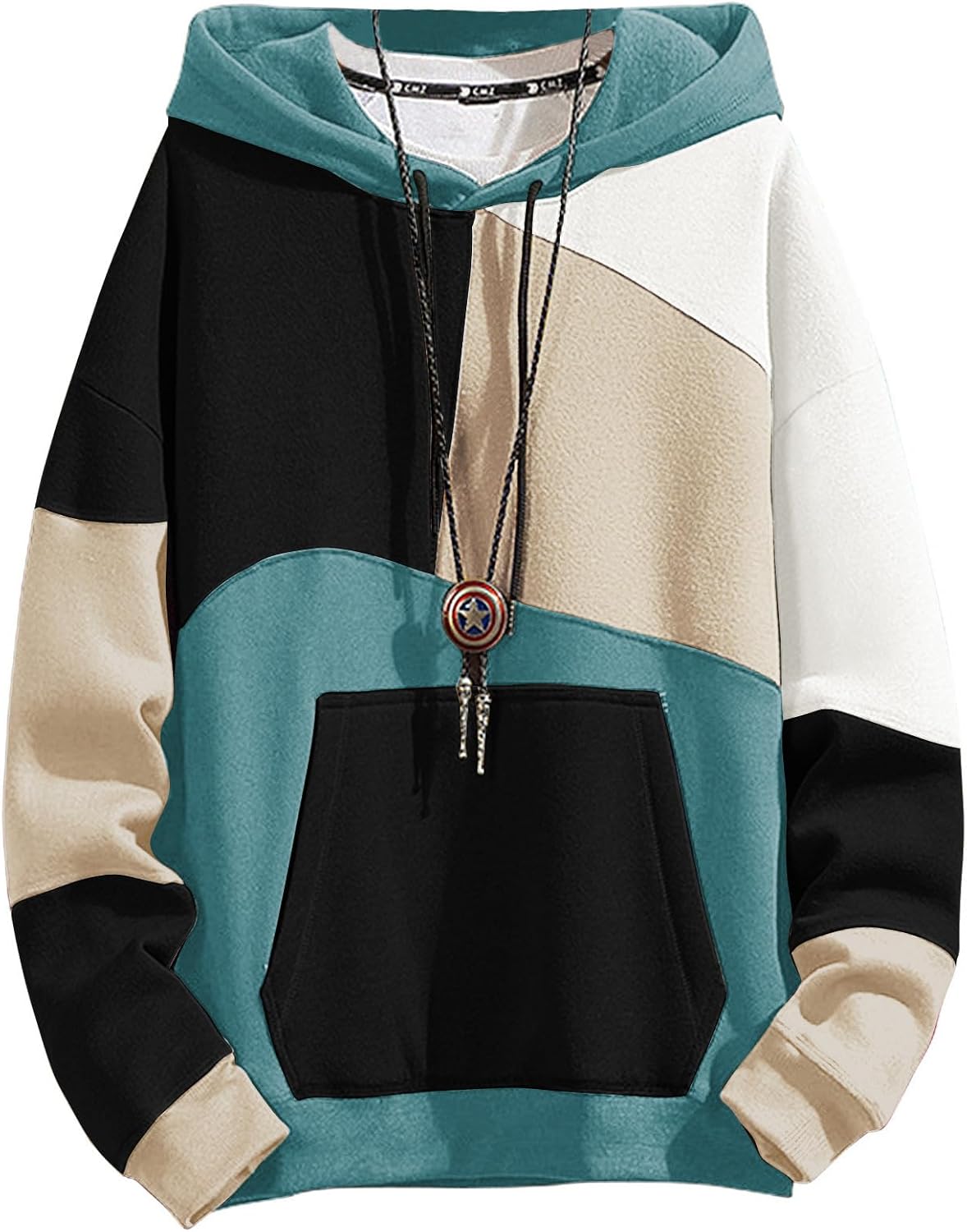 Men's Contrast Colour Patchwork Pullover Hoodie - Cotton Blend Hooded Sweatshirt with Long Sleeves for Autumn - Medium