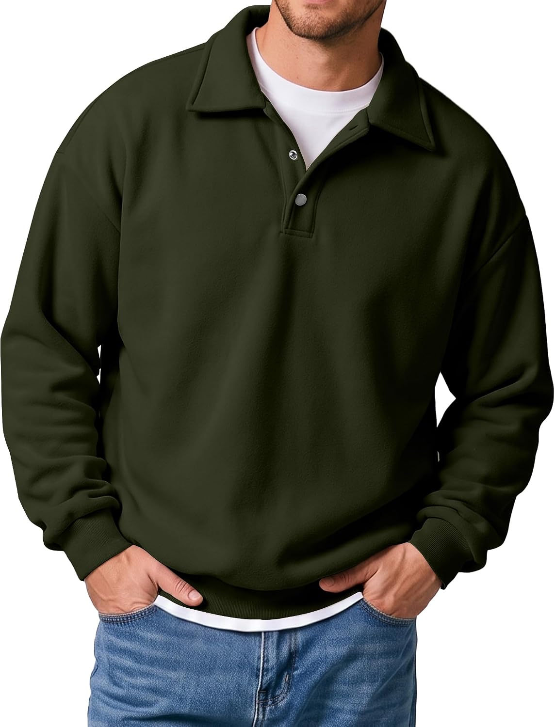 Men's Midweight Fleece Polo Sweatshirt - Quarter Button Collared Pullover with Ribbed Cuffs for Fall and Winter - Small