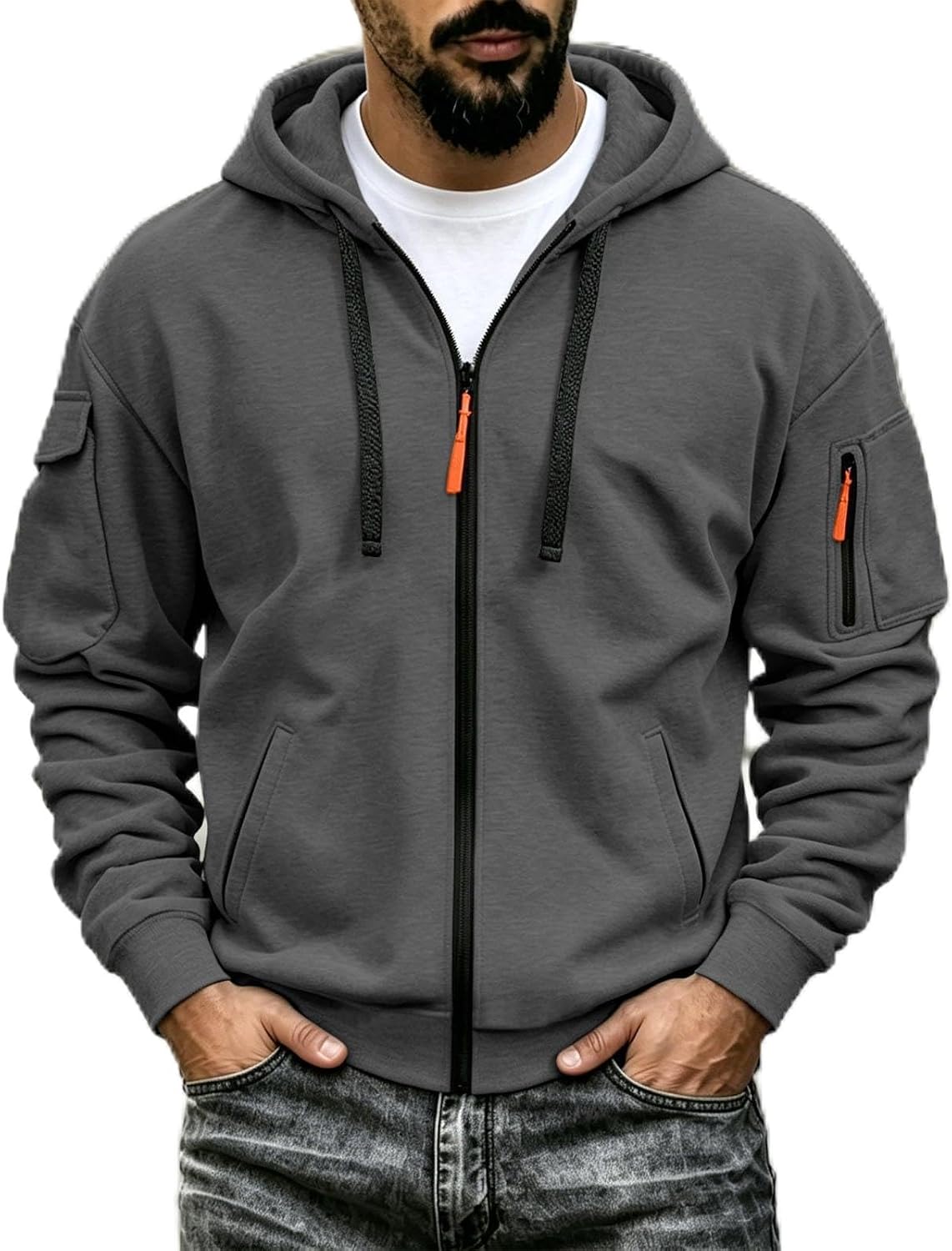 Men's Tactical Zip Up Utility Hoodie - Relaxed Fit Hooded Jacket with Sleeve Pockets for Fall and Winter - Small