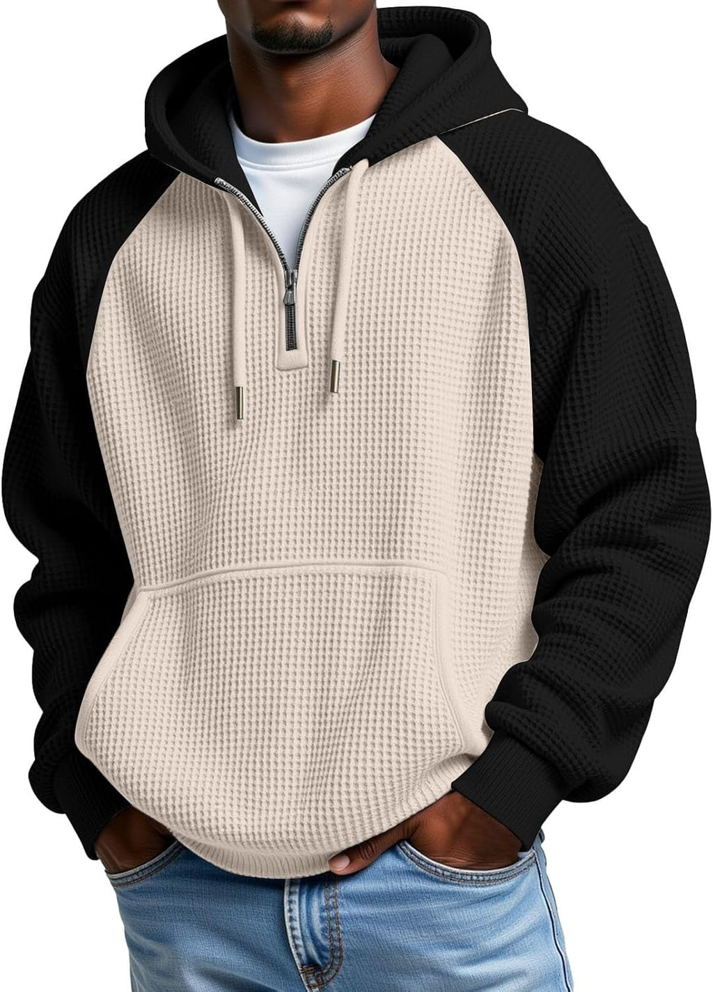 Men's Waffle Knit Quarter Zip Hooded Sweatshirt - Long Sleeve Drawstring Pullover with Front Pocket for Autumn - Large