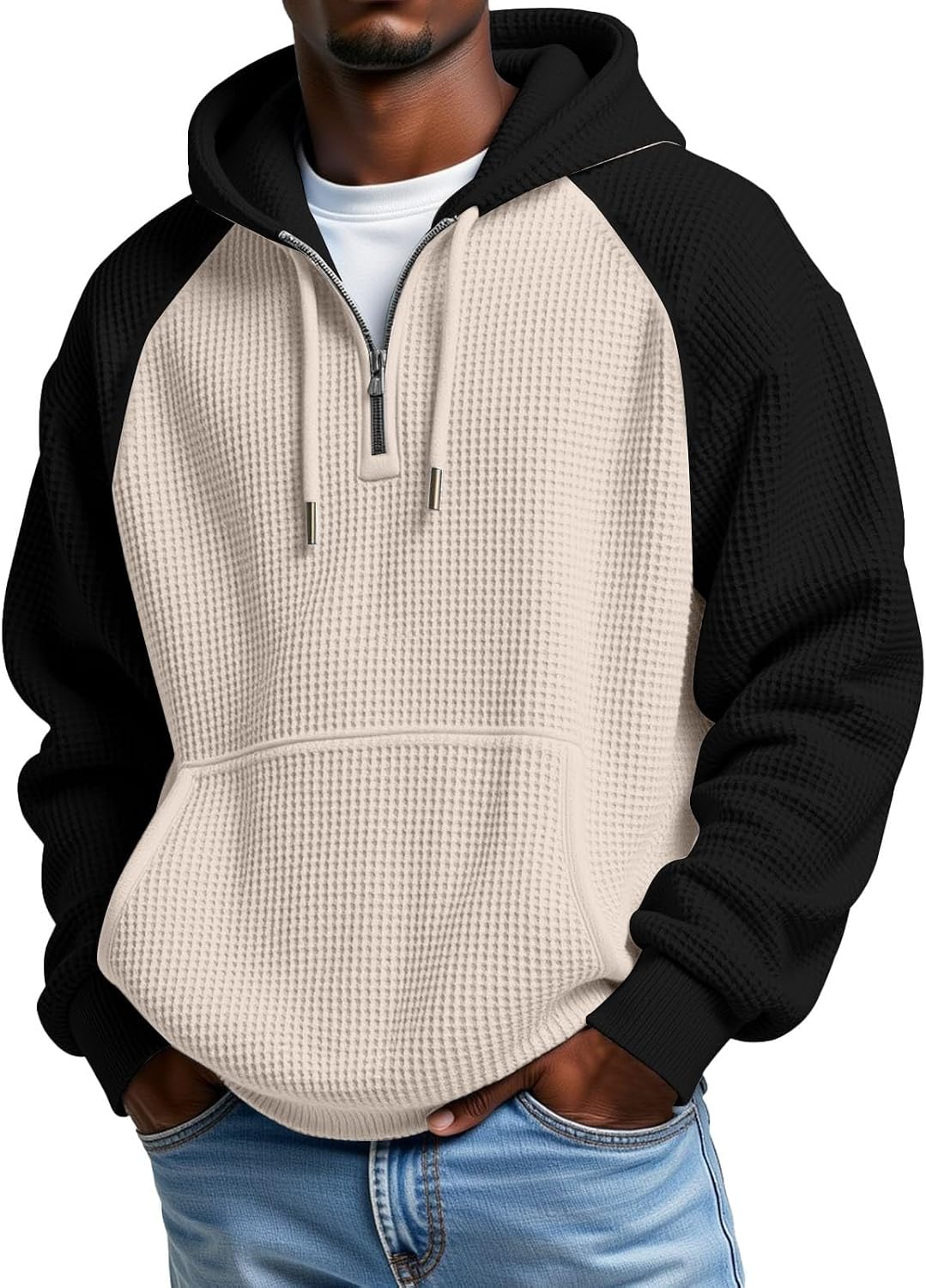 Men's Waffle Knit Quarter Zip Hooded Sweatshirt - Long Sleeve Drawstring Pullover with Front Pocket for Autumn - Large