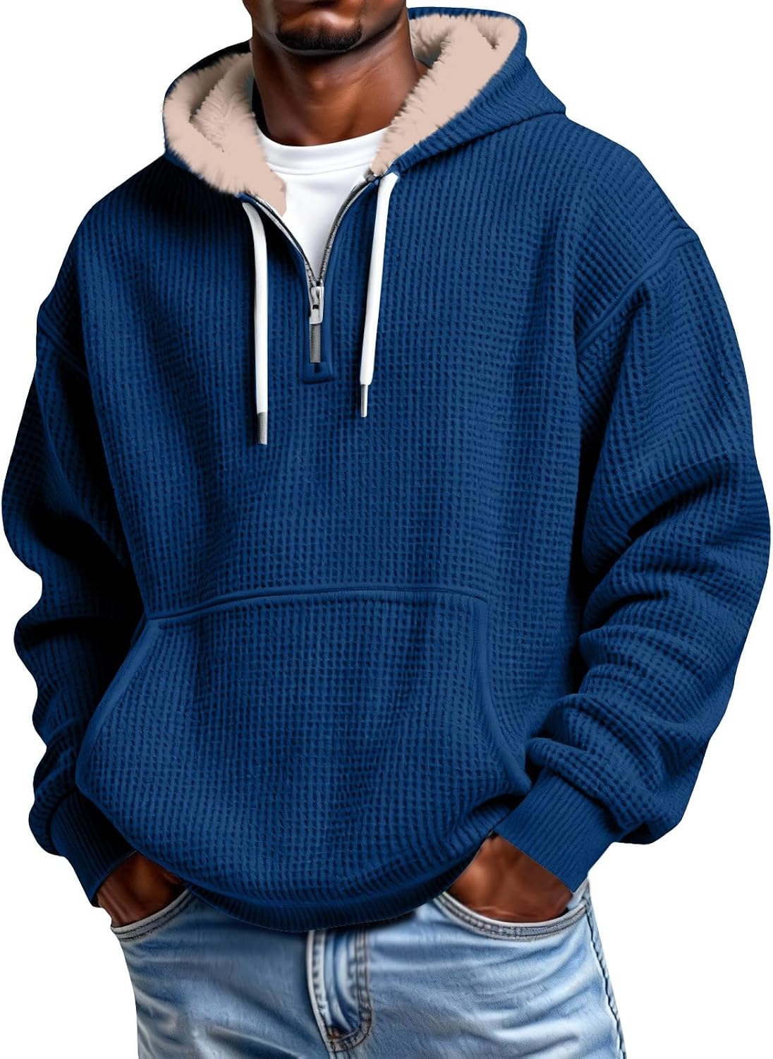 Men's Waffle Knit Quarter Zip Hooded Sweatshirt - Long Sleeve Drawstring Pullover with Front Pocket for Autumn - Large (