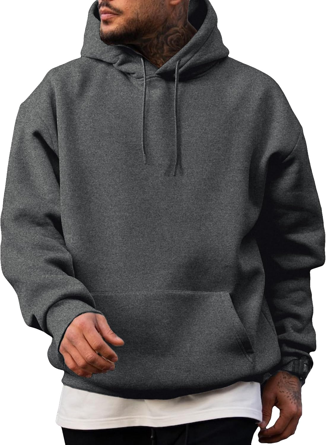Men's Fleece Lined Oversized Pullover Hoodie - Adjustable Drawstring Hood and Kangaroo Pocket for Cold Weather - Large (