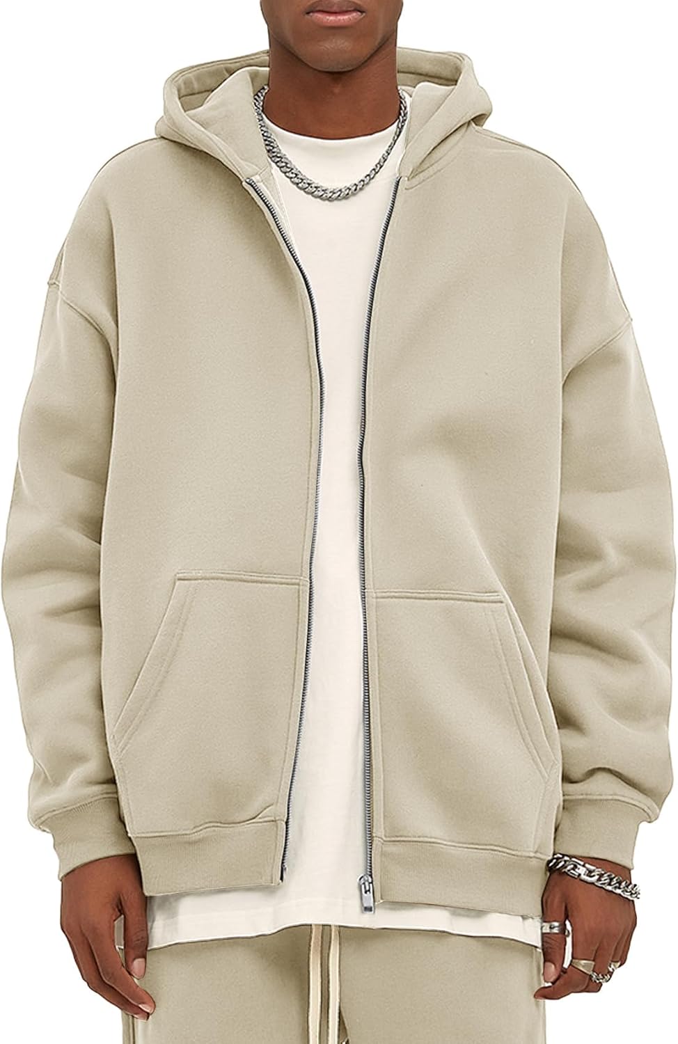 Men's Oversized Zip Up Fleece Hoodie - Drop Shoulder Baggy Sweatshirt with Kangaroo Pockets for Streetwear - Small
