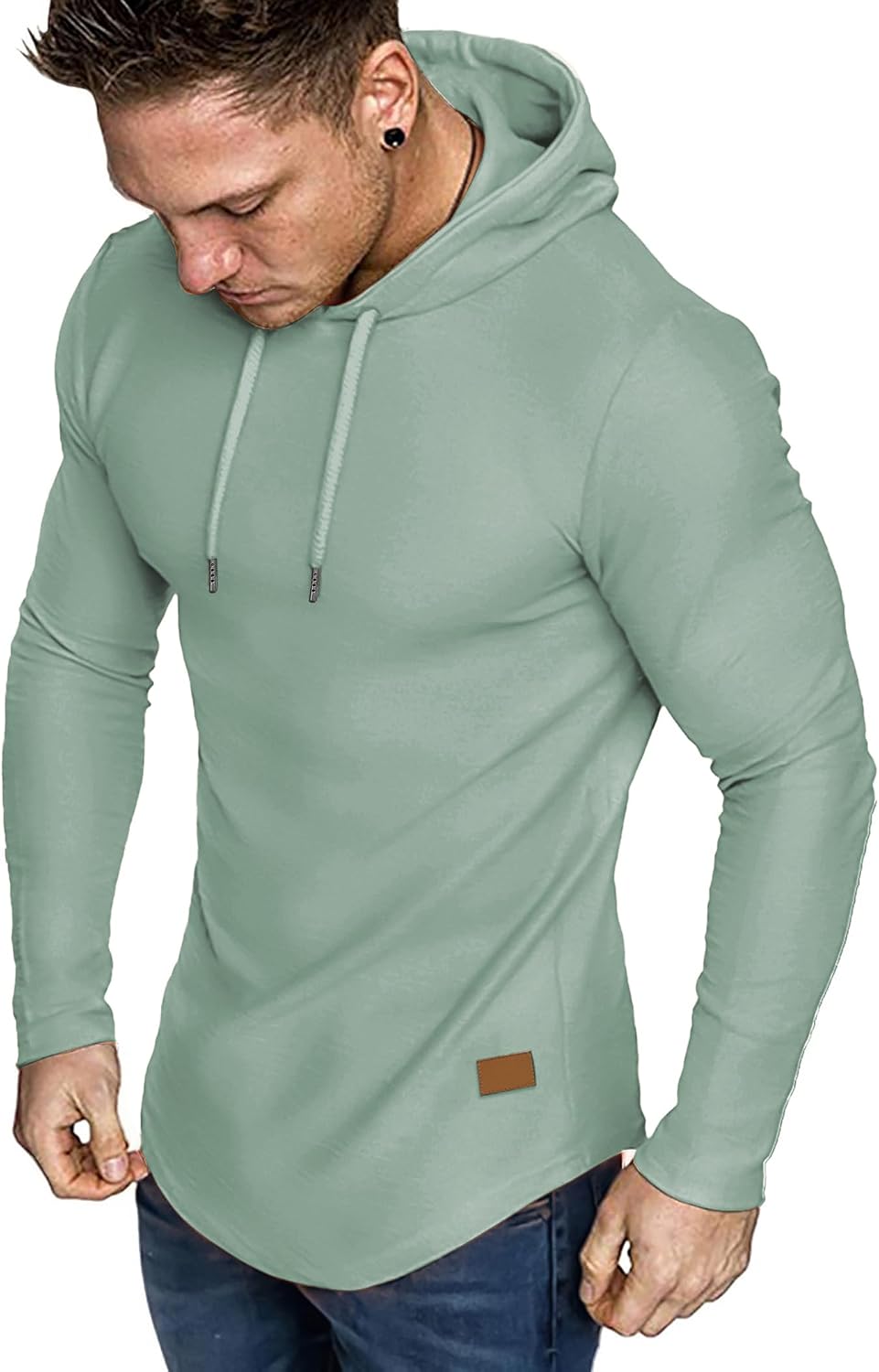 Men's Fleece Longline Athletic Sweatshirt - Lightweight Long Sleeve Muscle Fit Pullover for Gym Workouts - Small