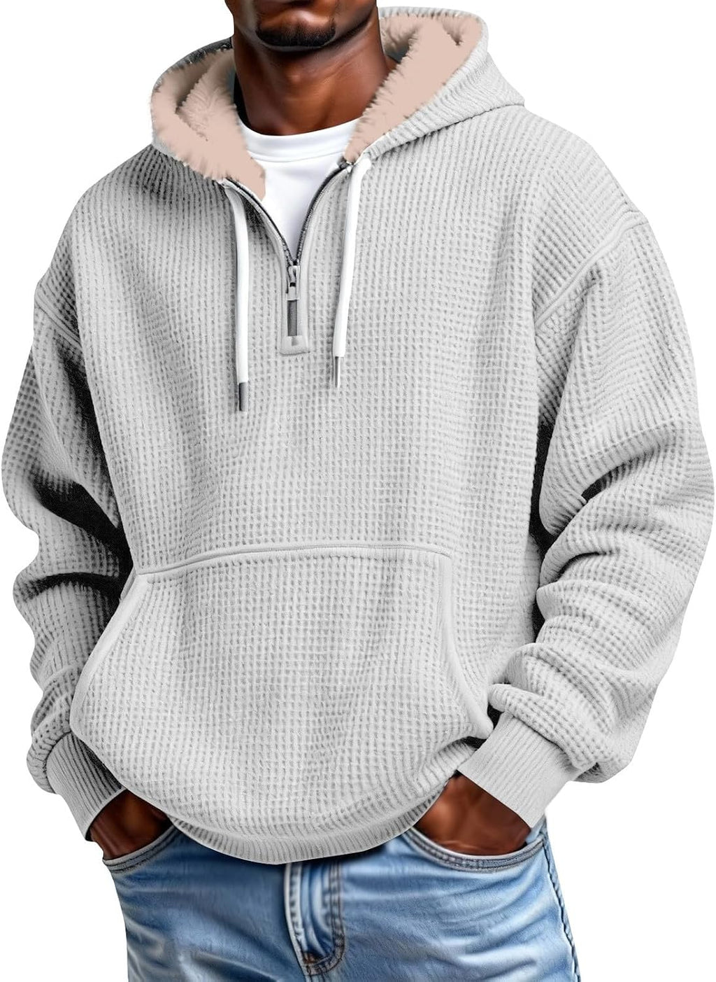 Men's Waffle Knit Quarter Zip Hooded Sweatshirt - Long Sleeve Drawstring Pullover with Front Pocket for Autumn - Medium