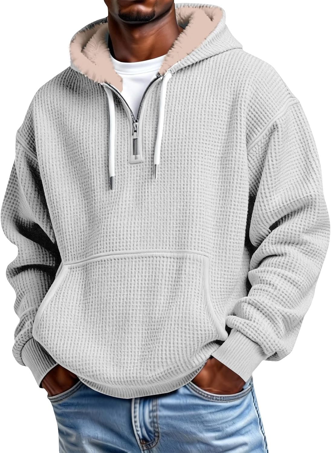 Men's Waffle Knit Quarter Zip Hooded Sweatshirt - Long Sleeve Drawstring Pullover with Front Pocket for Autumn - Medium