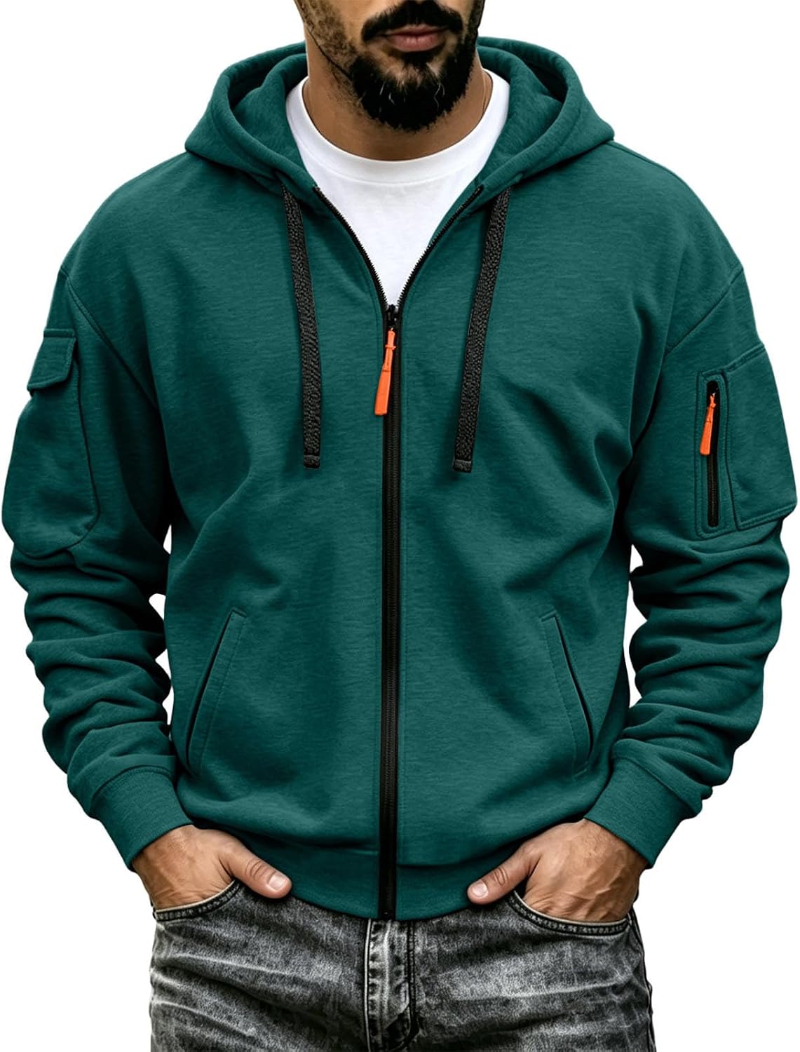 Men's Tactical Zip Up Hoodie - Oversized Cotton Blend Hooded Jacket with Full Zip for Travel and Everyday Wear - Small