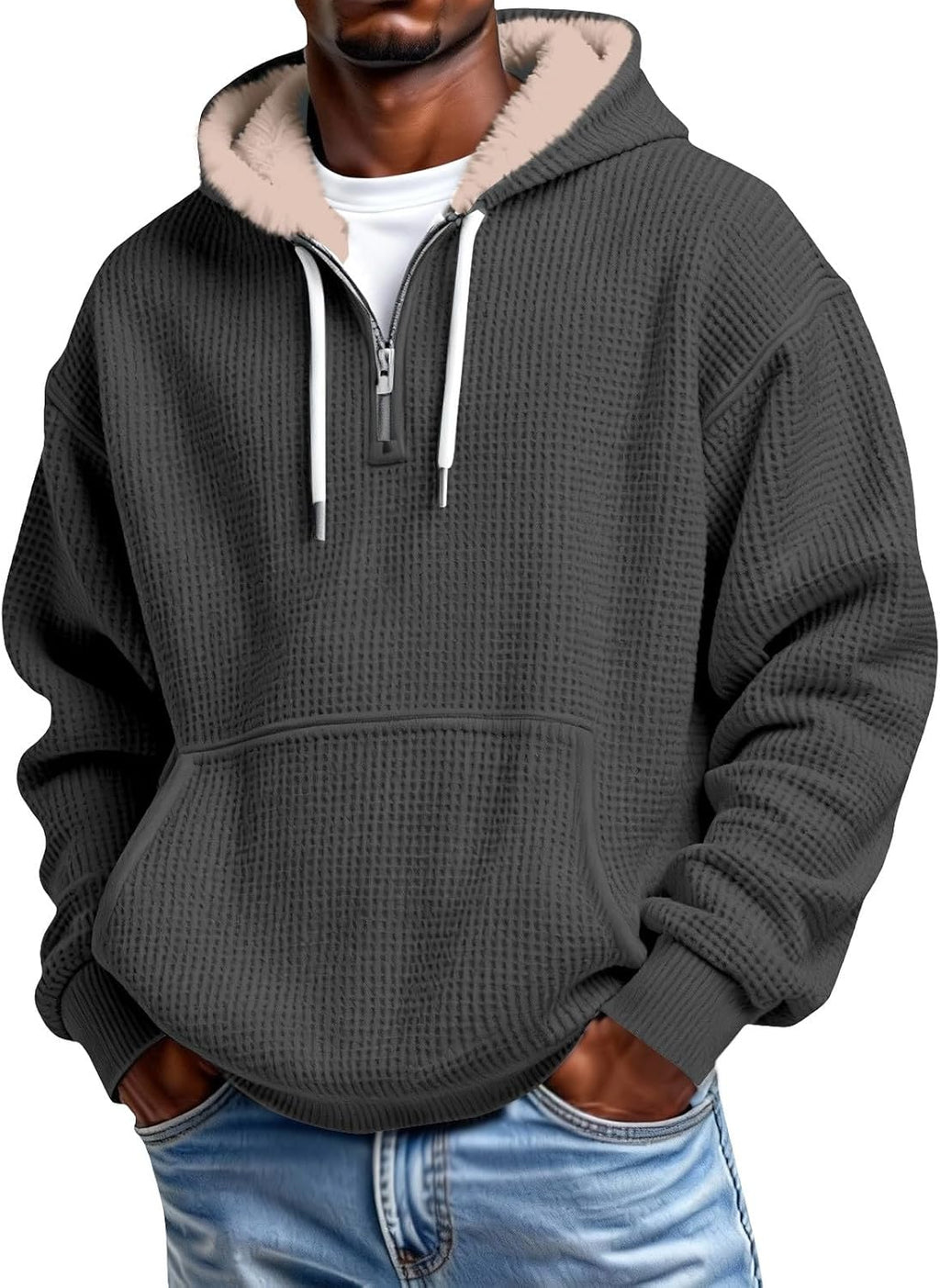 Men's Waffle Knit Quarter Zip Hooded Sweatshirt - Long Sleeve Drawstring Pullover with Front Pocket for Autumn - Large (