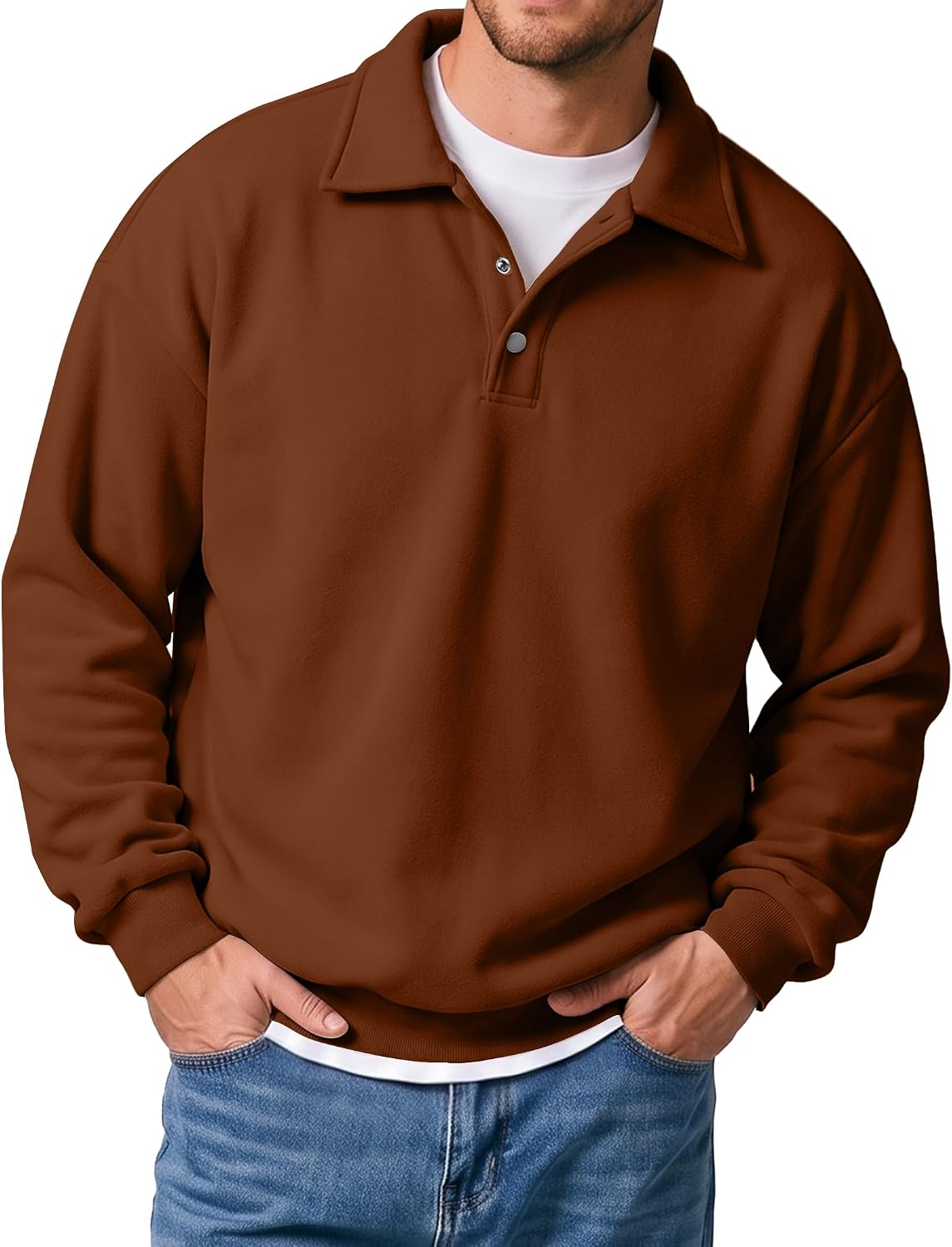 Men's Midweight Fleece Polo Sweatshirt - Quarter Button Collared Pullover with Ribbed Cuffs for Fall and Winter - Small