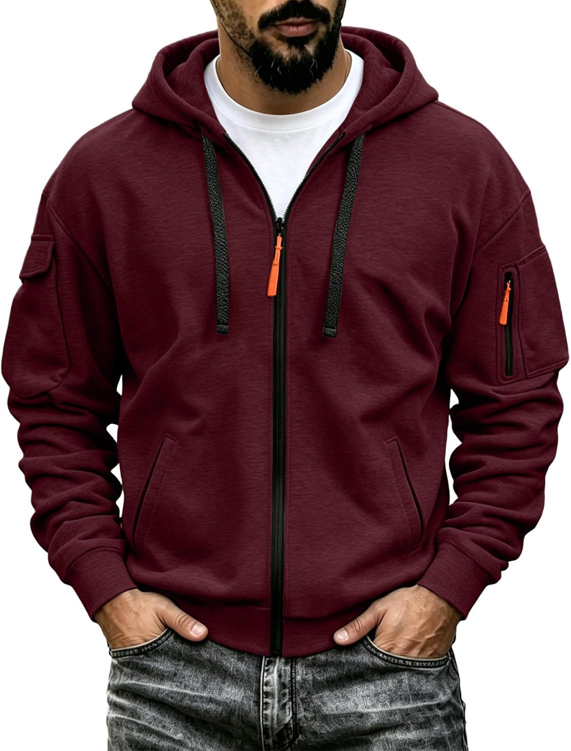 Men's Tactical Zip Up Hoodie - Oversized Cotton Blend Hooded Jacket with Full Zip for Travel and Everyday Wear - Small