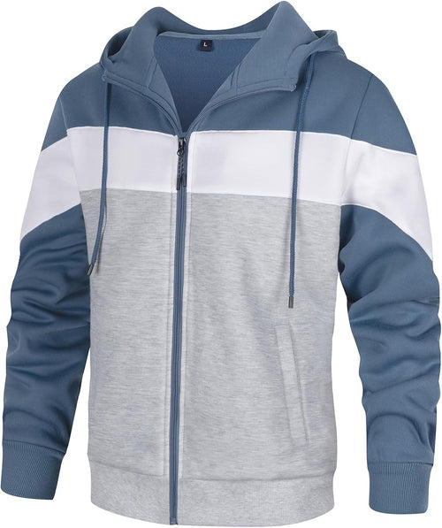 Men's Colour Block Zip Front Hoodie - Full Zip Hooded Sweatshirt with Contrast Panels for Casual Daily Wear - Small