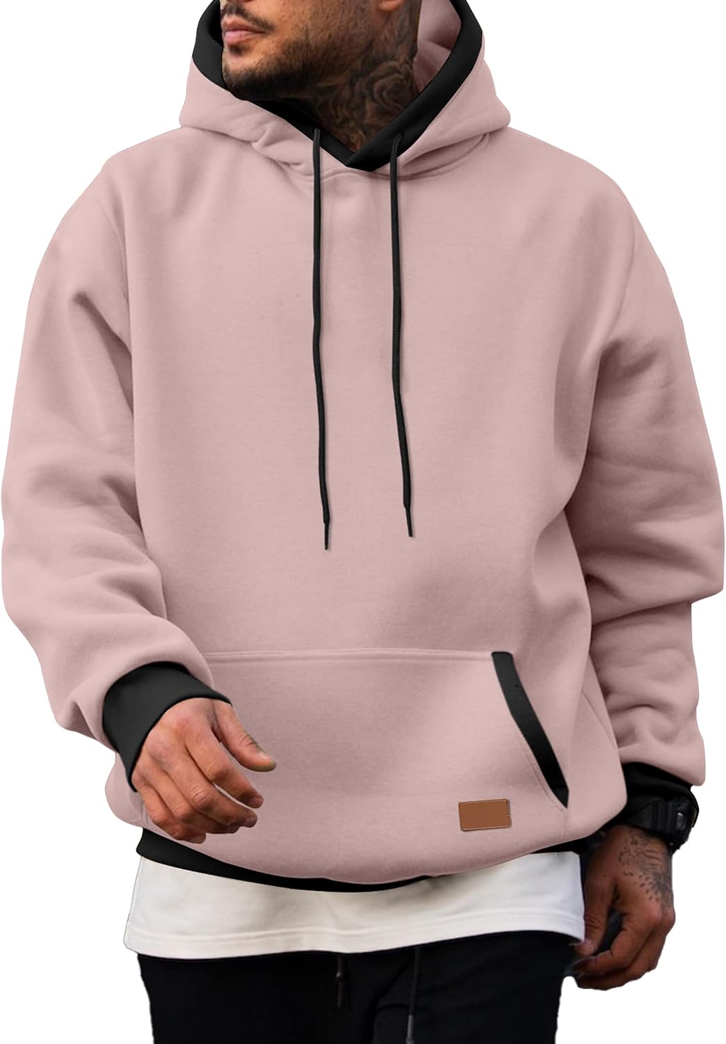 Men's Cotton Fleece Pullover Hoodie - Drawstring Hood, Kangaroo Pocket and Oversized Fit for Fall and Winter - Large