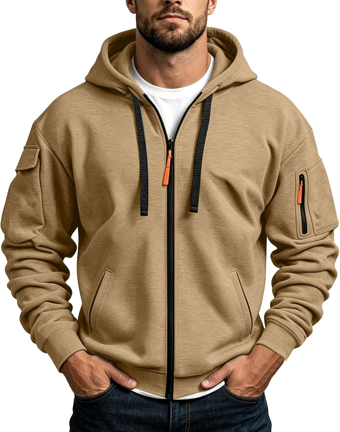 Men's Tactical Zip Up Utility Hoodie - Relaxed Fit Hooded Jacket with Sleeve Pockets for Fall and Winter - Small