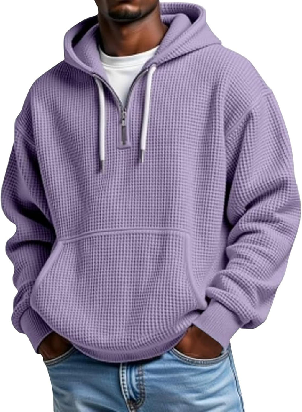 Men's Waffle Knit Quarter Zip Hooded Sweatshirt - Long Sleeve Drawstring Pullover with Front Pocket for Autumn - Large (