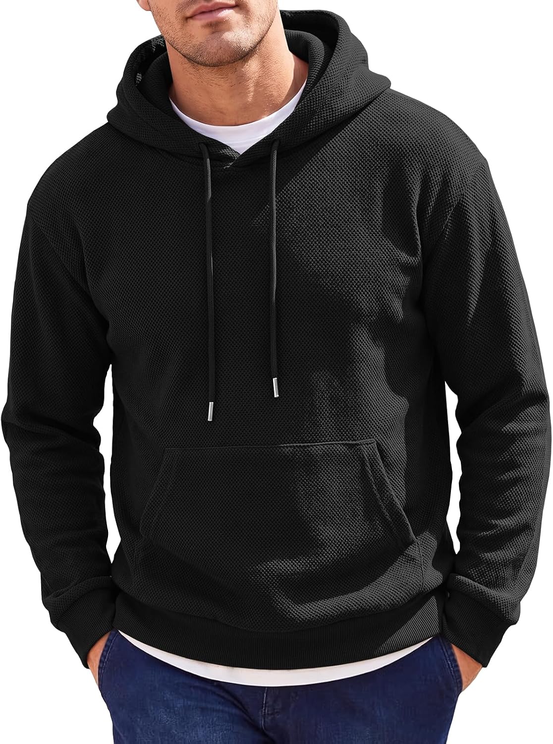Men's Textured Slim Fit Pullover Hoodie - Lightweight Long Sleeve Sweatshirt with Kangaroo Pocket for Workouts - Medium
