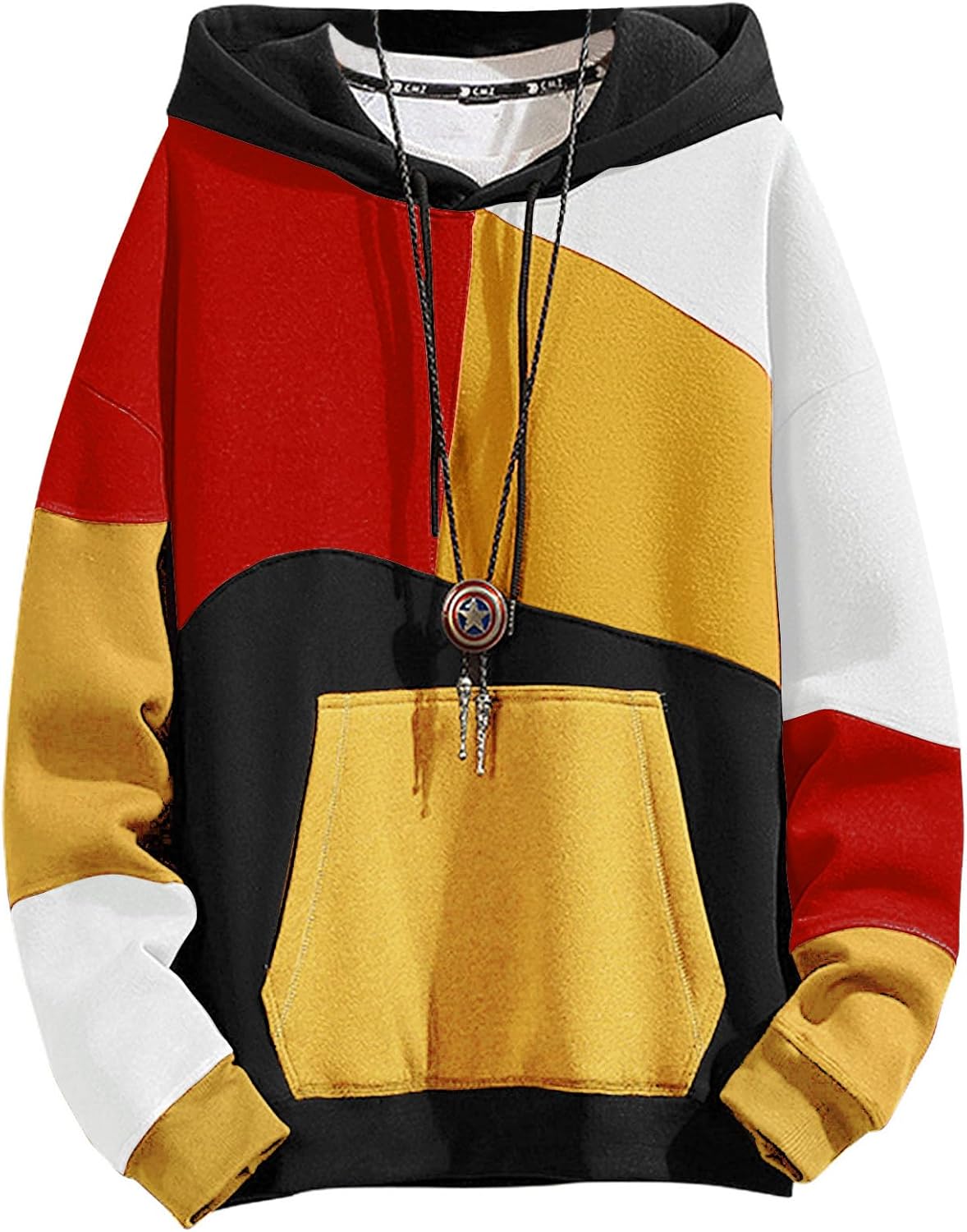 Men's Contrast Colour Patchwork Pullover Hoodie - Cotton Blend Hooded Sweatshirt with Long Sleeves for Autumn - XX-Large