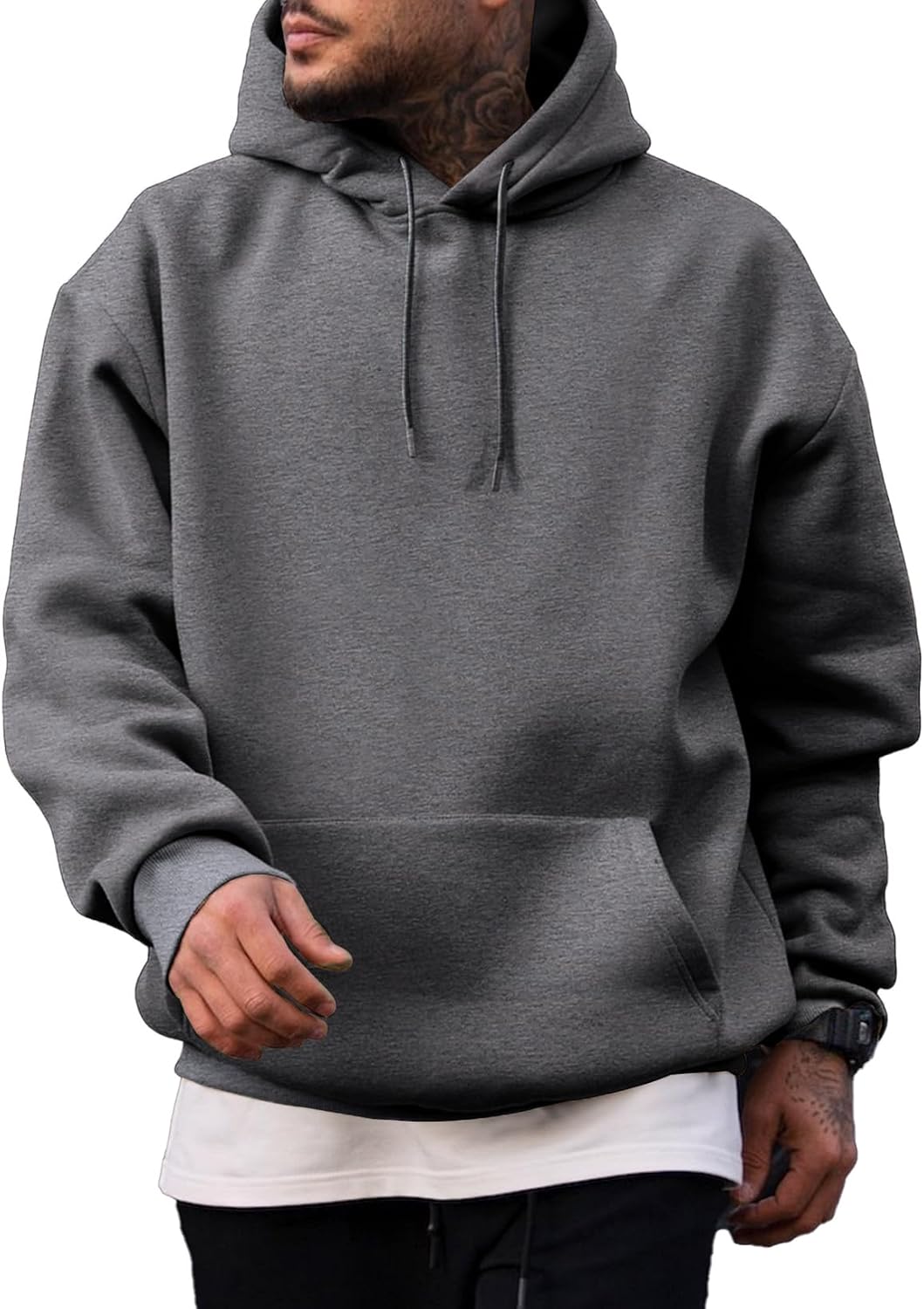 Men's Fleece Lined Oversized Pullover Hoodie - Adjustable Drawstring Hood and Kangaroo Pocket for Cold Weather - Large (