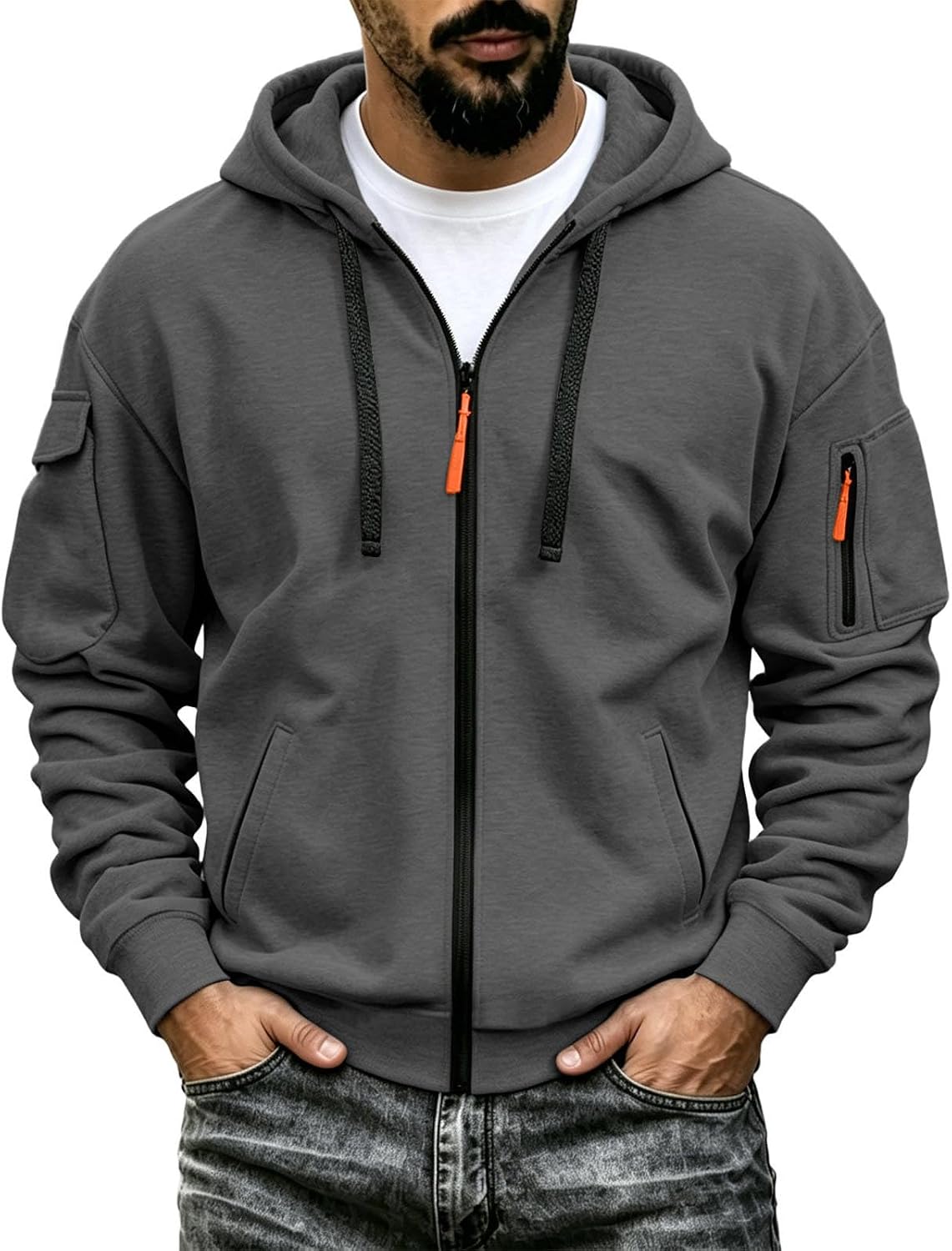 Men's Tactical Zip Up Hoodie - Oversized Cotton Blend Hooded Jacket with Full Zip for Travel and Everyday Wear - Small