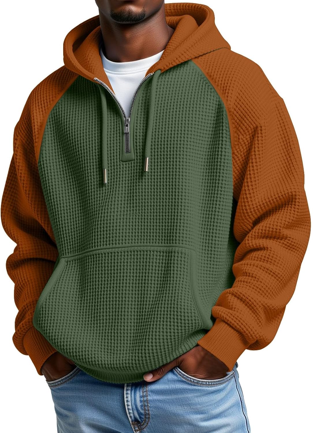Men's Waffle Knit Quarter Zip Hooded Sweatshirt - Long Sleeve Drawstring Pullover with Front Pocket for Autumn - Medium