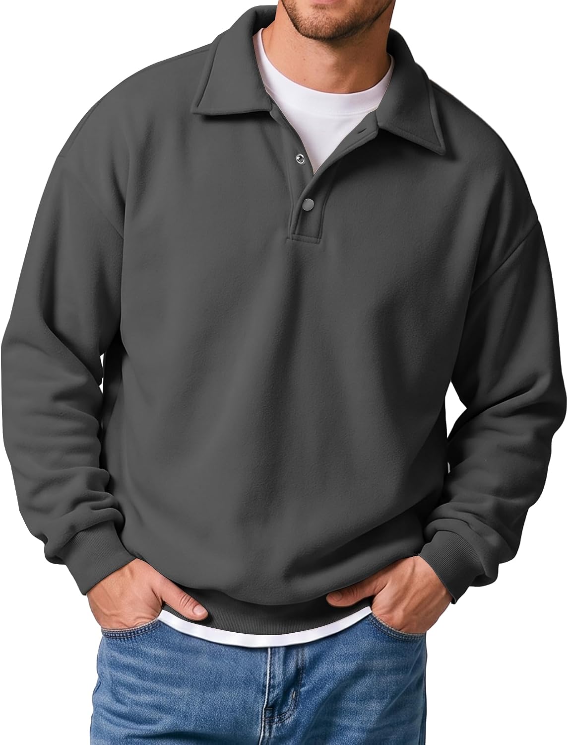 Men's Midweight Fleece Polo Sweatshirt - Quarter Button Collared Pullover with Ribbed Cuffs for Fall and Winter - Small